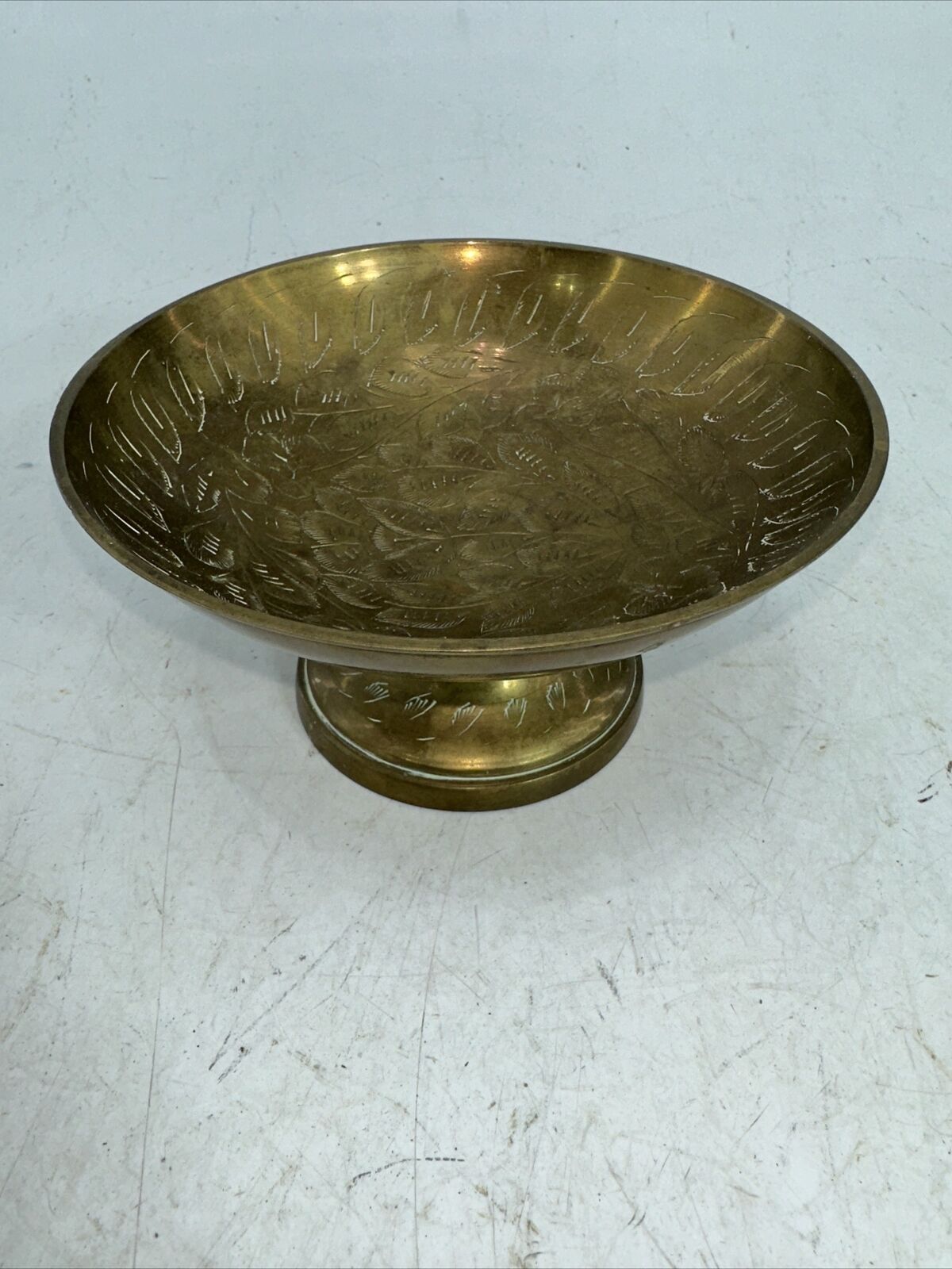 Vintage Brass Pedestal Footed Candy/Trinket Dish Floral Engraved Made in India