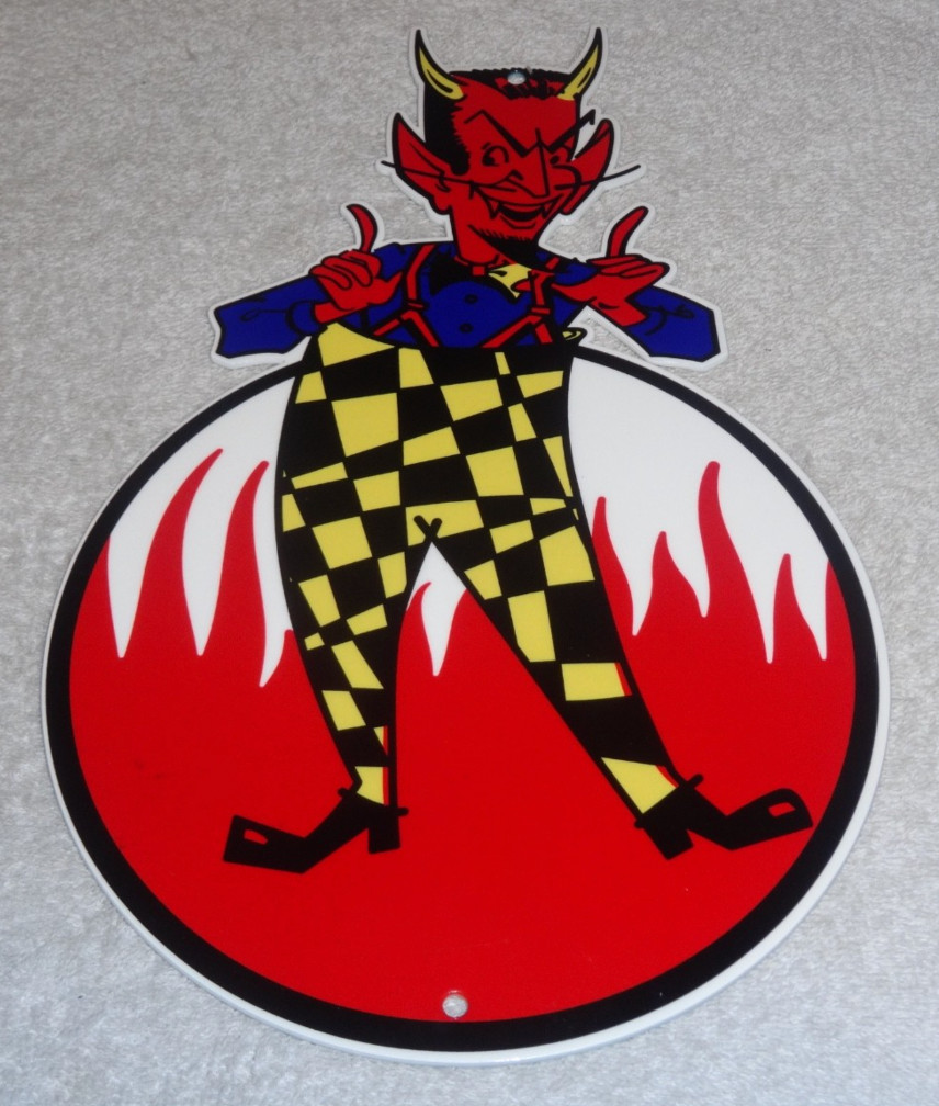 VINTAGE DEVIL SMILING + YELLOW SUSPENDERS 12" METAL SATAN EVIL GASOLINE OIL SIGN VINTAGE DEVIL SMILING + YELLOW SUSPENDERS 12" METAL SATAN EVIL GASOLINE OIL SIGN