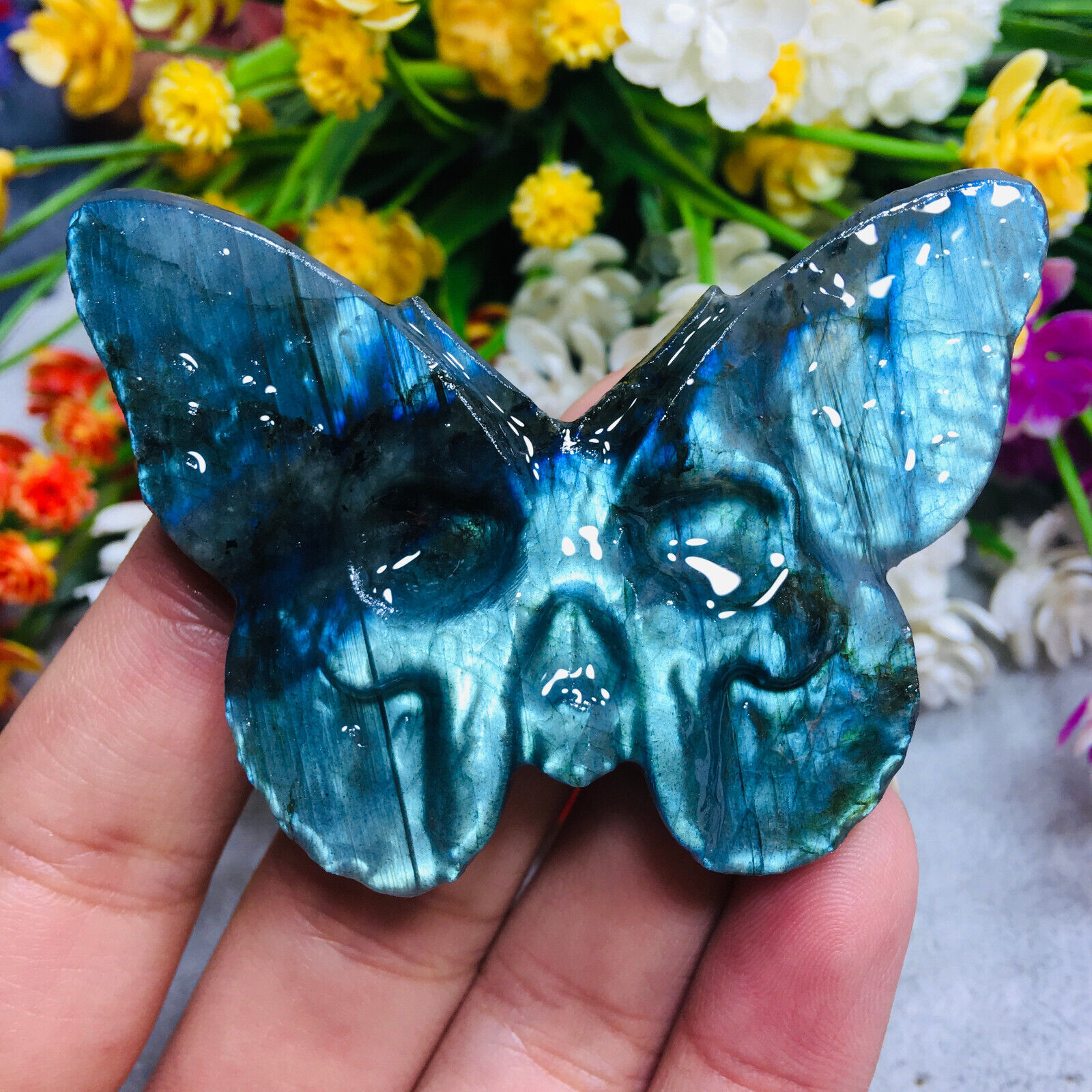 Natural Labradorite Hand Carved Butterfly Skull Quartz Crystal Healing Reiki 1pc