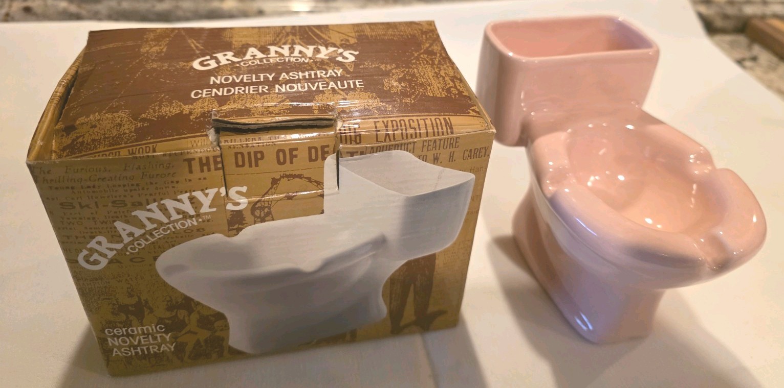 Vintage Pink Granny's Toilet Ashtray And Cigarette and Pack Holder NEW With Box Vintage Pink Granny's Toilet Ashtray And Cigarette and Pack Holder NEW With Box