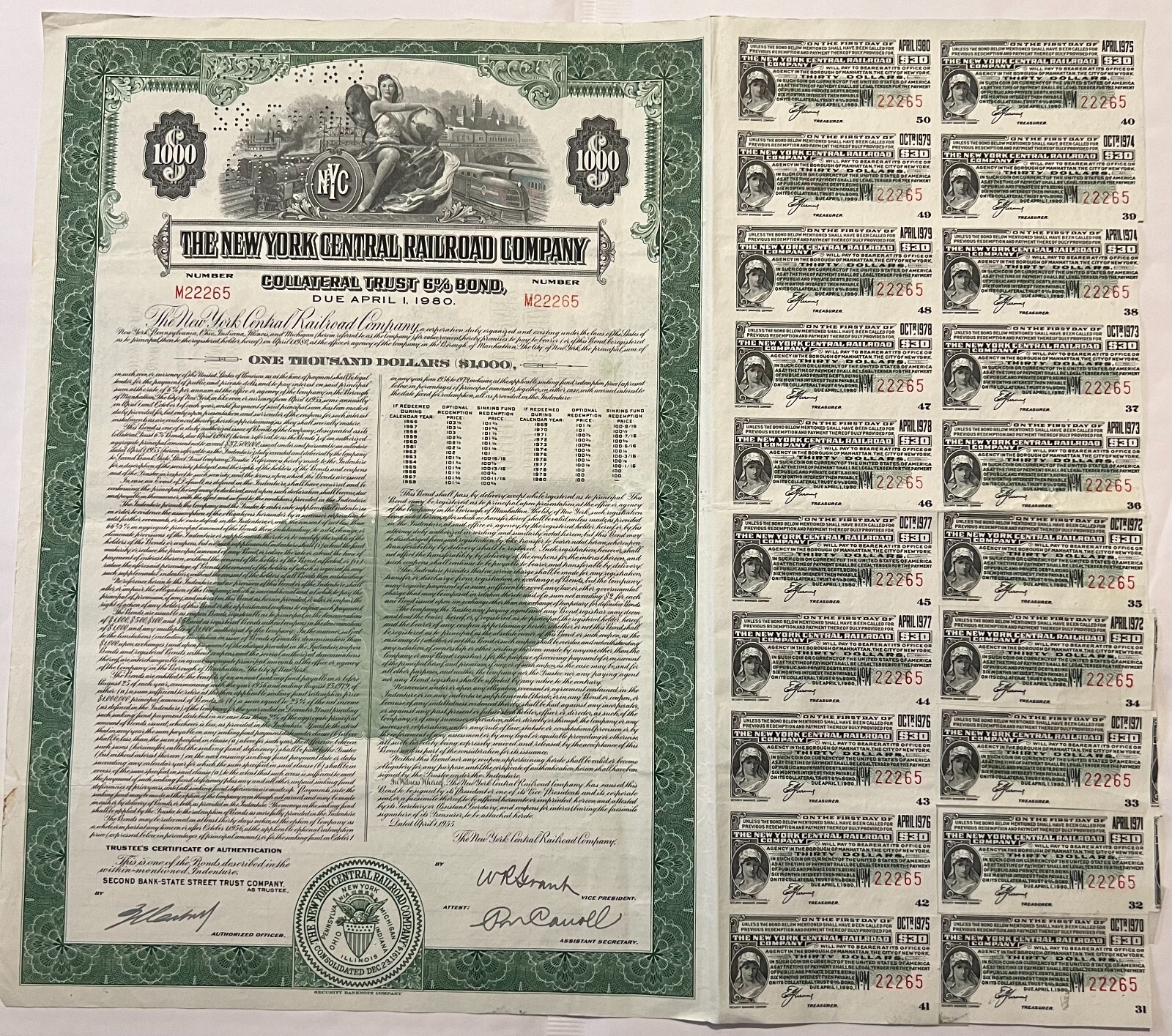 Vintage 1955 NY Central Railroad $1,000 Bond 🚂 Coupons Attached Scripophily Vintage 1955 NY Central Railroad $1,000 Bond 🚂 Coupons Attached Scripophily