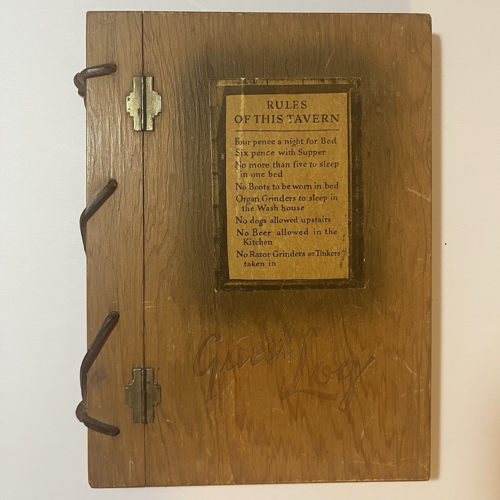VTG 1939 Guest Log Book "RULES OF THIS TAVERN": Wood Cover, Metal Hinges, w/Text VTG 1939 Guest Log Book "RULES OF THIS TAVERN": Wood Cover, Metal Hinges, w/Text