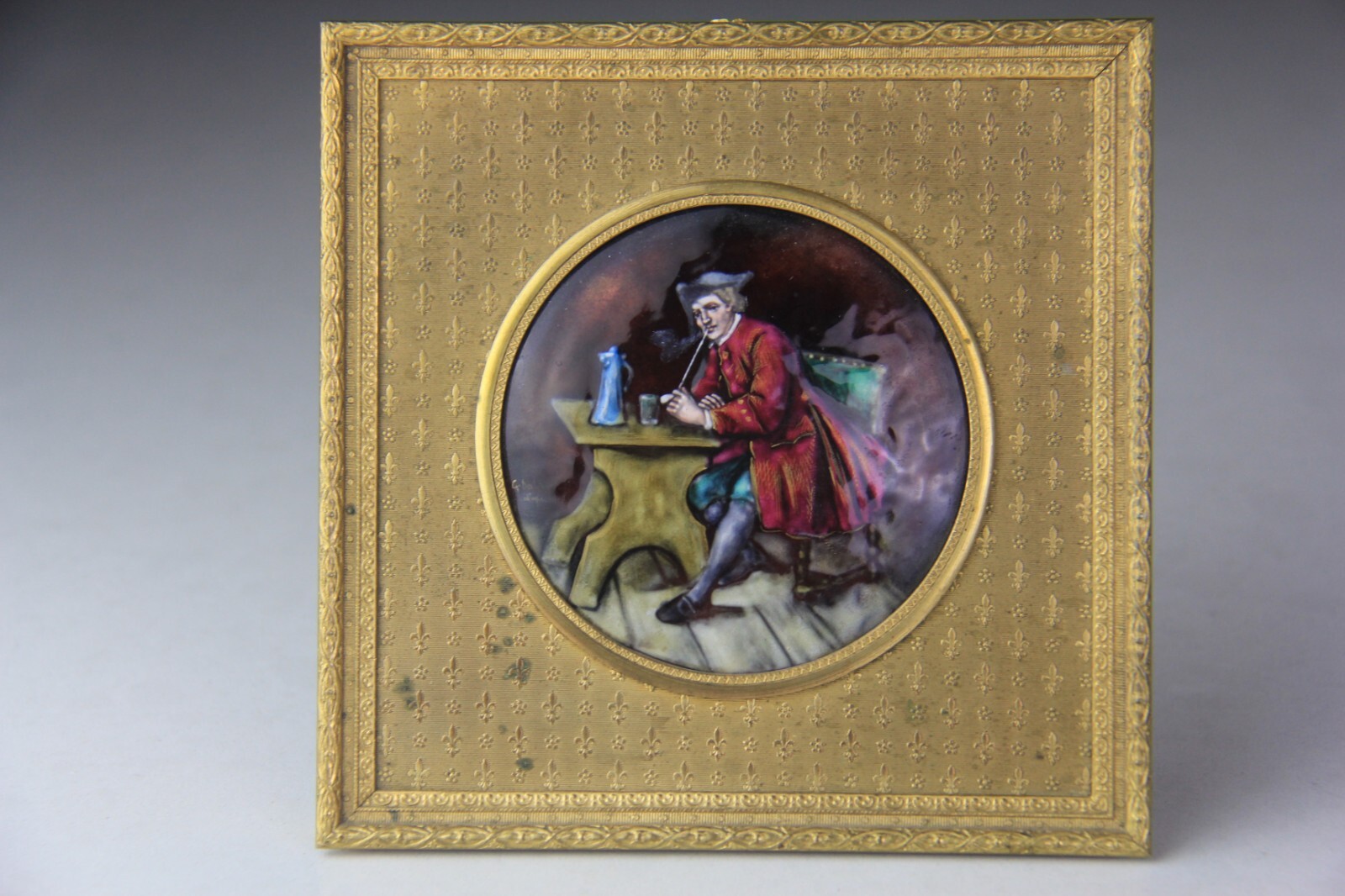 Fine Antique French Enameled Round Plaque w/ Gilt Metal Frame Fine Antique French Enameled Round Plaque w/ Gilt Metal Frame