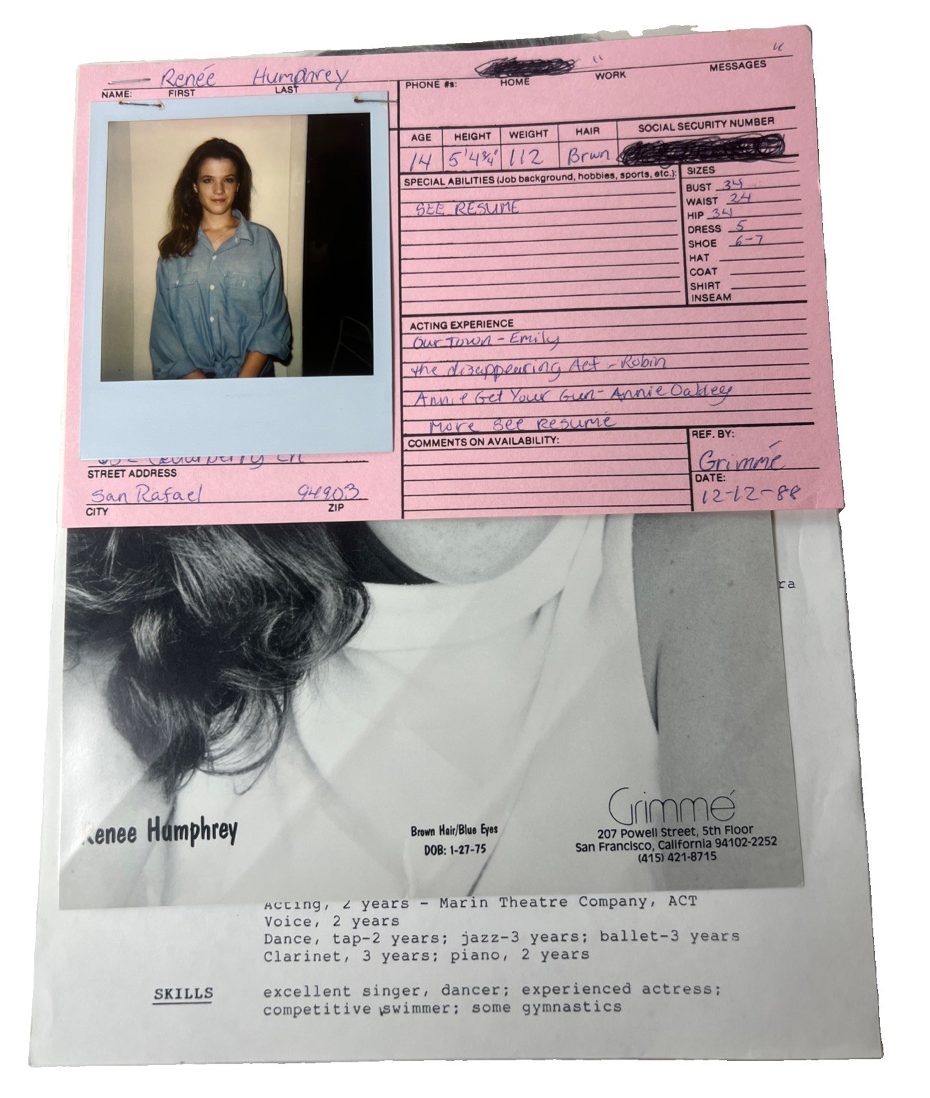 Renée Humphrey Casting Polaroid Headshot Resume Original Photo Handwriting Renée Humphrey Casting Polaroid Headshot Resume Original Photo Handwriting