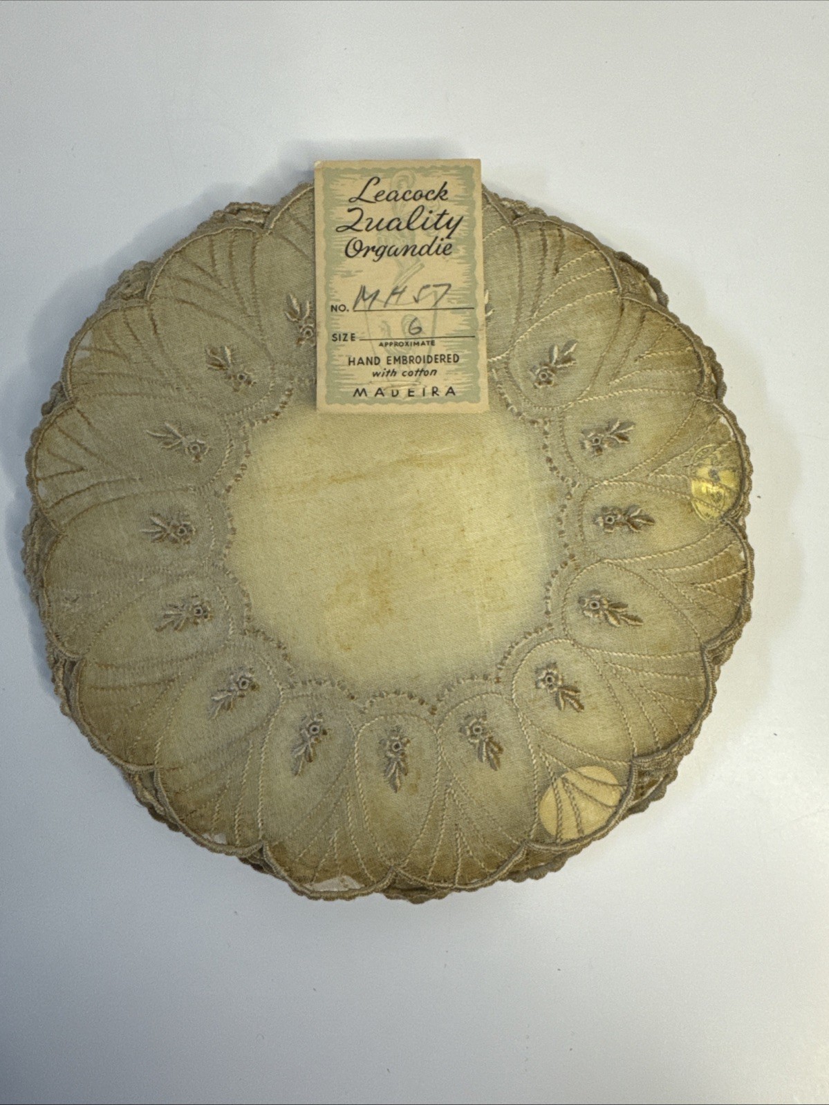 Vintage Set/12 MADERIA Embroidered Organdie Coaster Rounds Original Paper Labels Vintage Set/12 MADERIA Embroidered Organdie Coaster Rounds Original Paper Labels