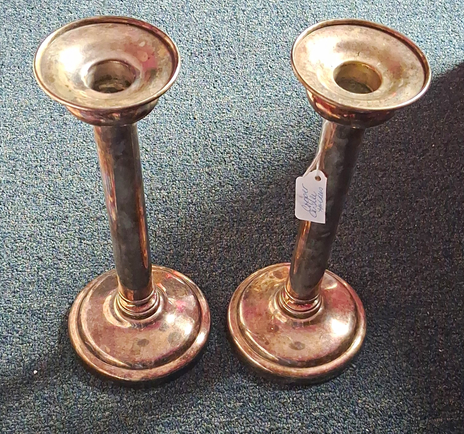 JOS. HEINRICH'S Pair Copper Taper Candle Holders Engraved Round Vintage