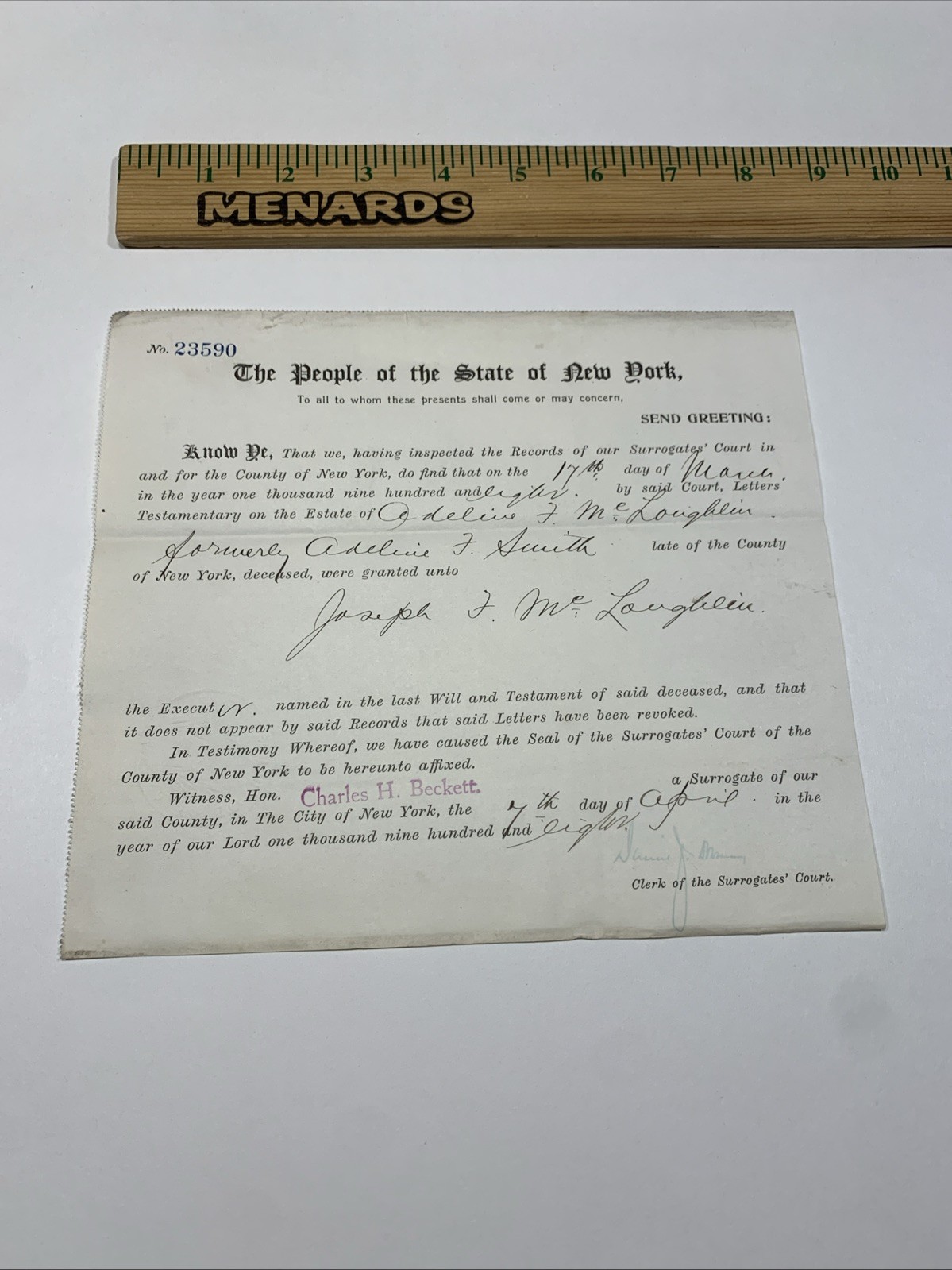 1908 NY Surrogate Court Estate Phoebe Hearst Certified Letters No 23590 Lead SD