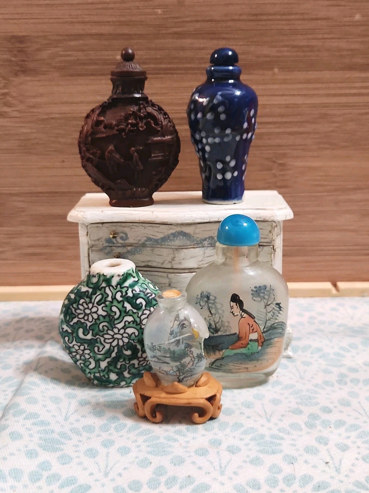 Vintage lot of Chinese Snuff Bottles, Resin, Glass Reverse Painted & Porcelain