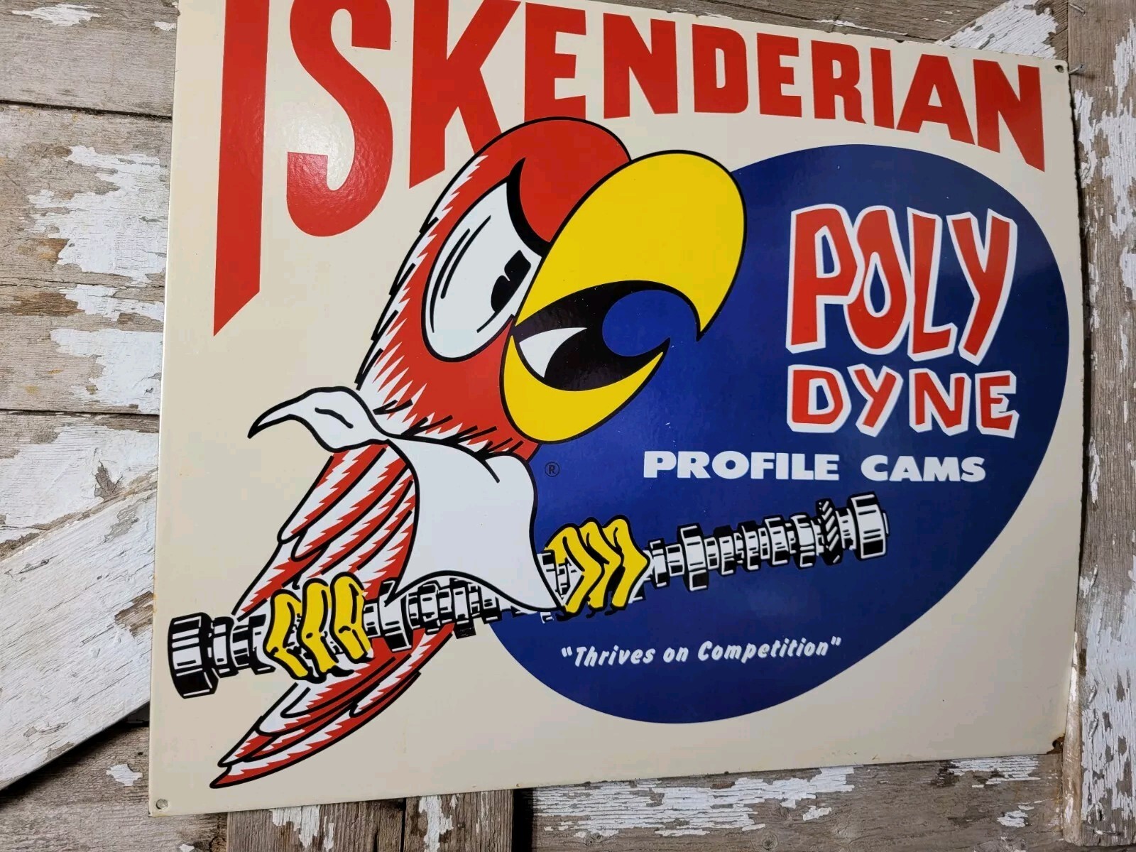 VINTAGE ISKENDERIAN PORCELAIN SIGN 30" OLD POLY DYNE CAR AUTO PARTS PROFILE CAMS