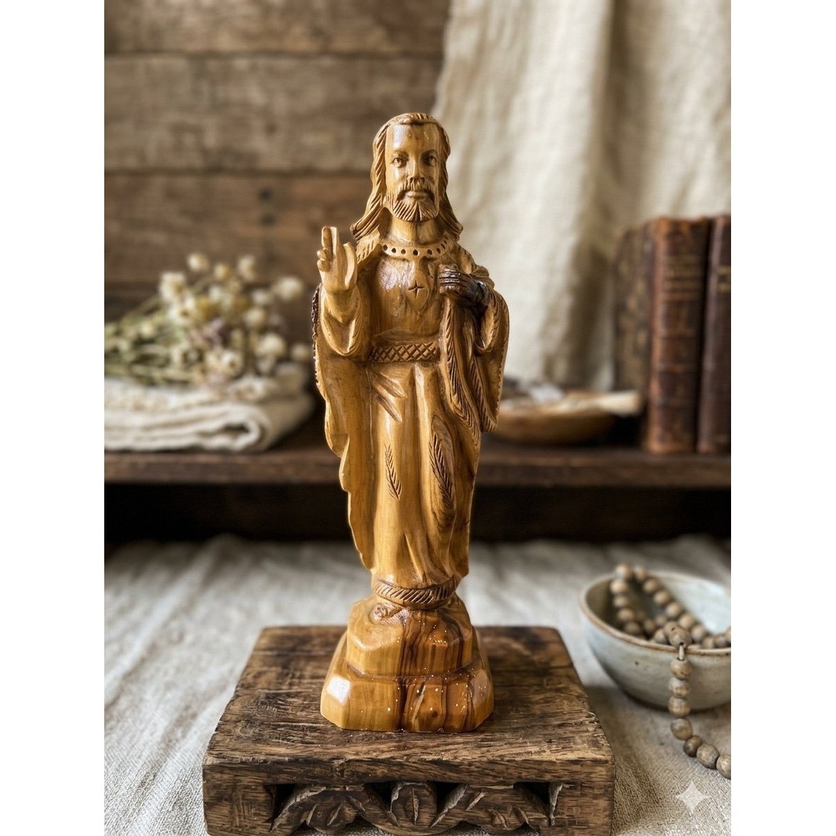 Vintage Olive Wood Jesus Christ Statue Hand Carved Sacred Heart Holy Land 8" Vintage Olive Wood Jesus Christ Statue Hand Carved Sacred Heart Holy Land 8"