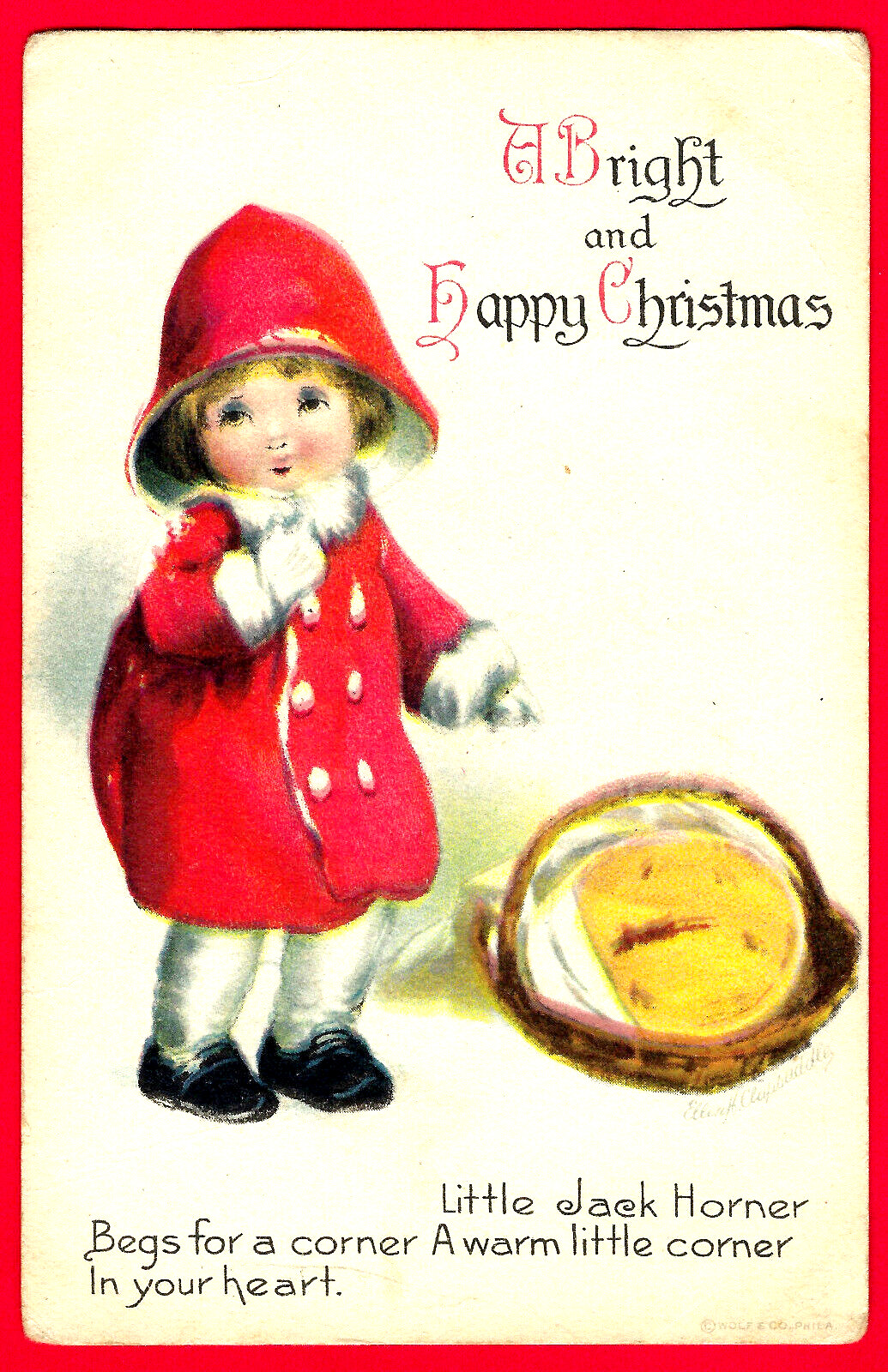 Vtg Signed Clapsaddle Christmas Little Jack Horner Basket w/Pie PC Wolf & Co.