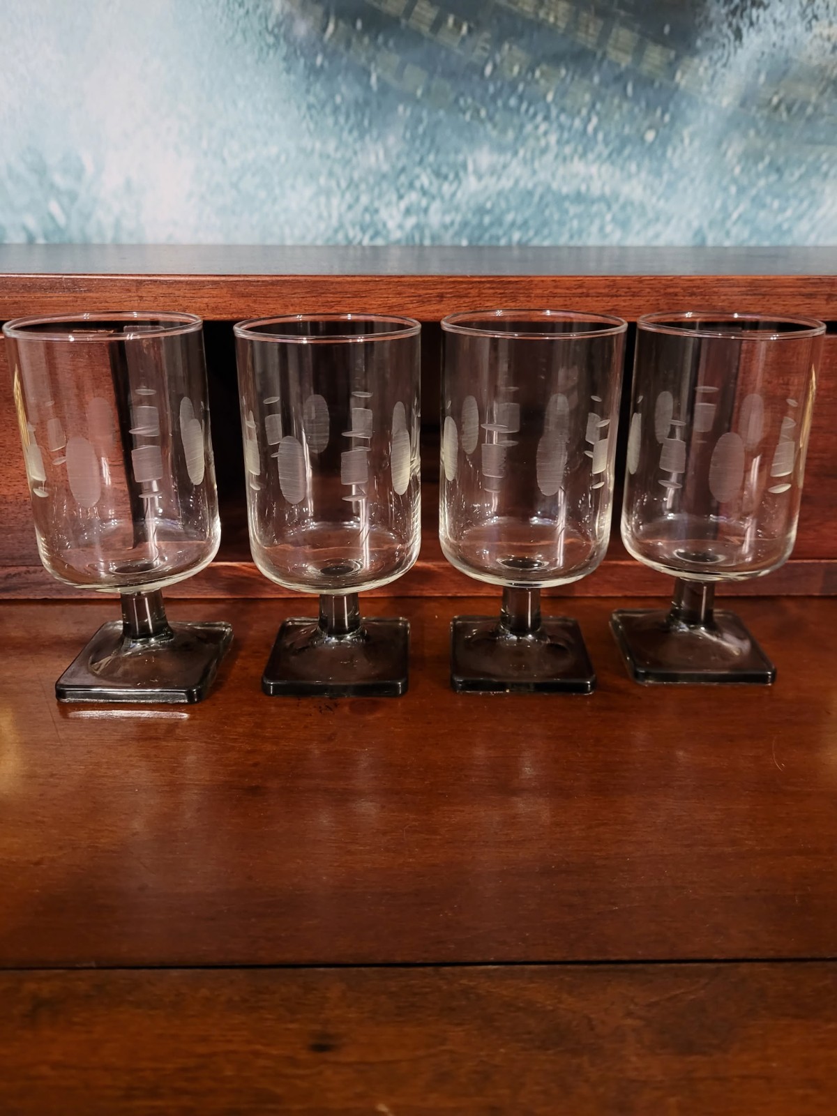 Vintage Federal Glass Nordic Midnight Footed Glasses Set of 4 - MCM Etched Smoke