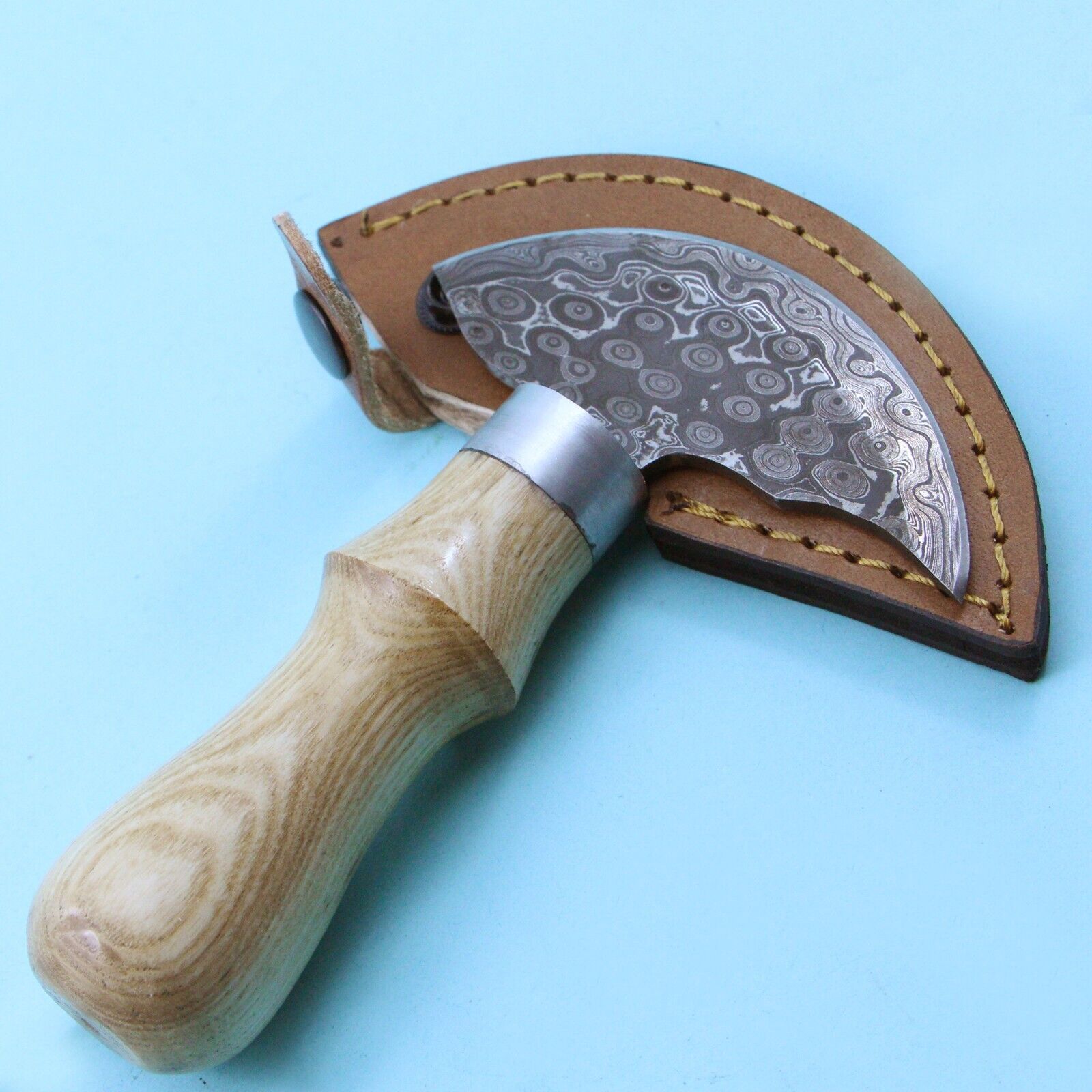 Damascus Half Moon Round Skinning Knife Leather Craft Cutter Cutting Tools