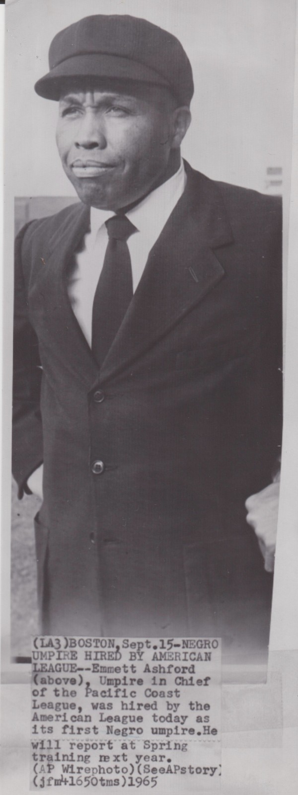 1965 Press Photo Emmett Ashford, Hired as First Negro Umpire in MLB Baseball 1965 Press Photo Emmett Ashford, Hired as First Negro Umpire in MLB Baseball