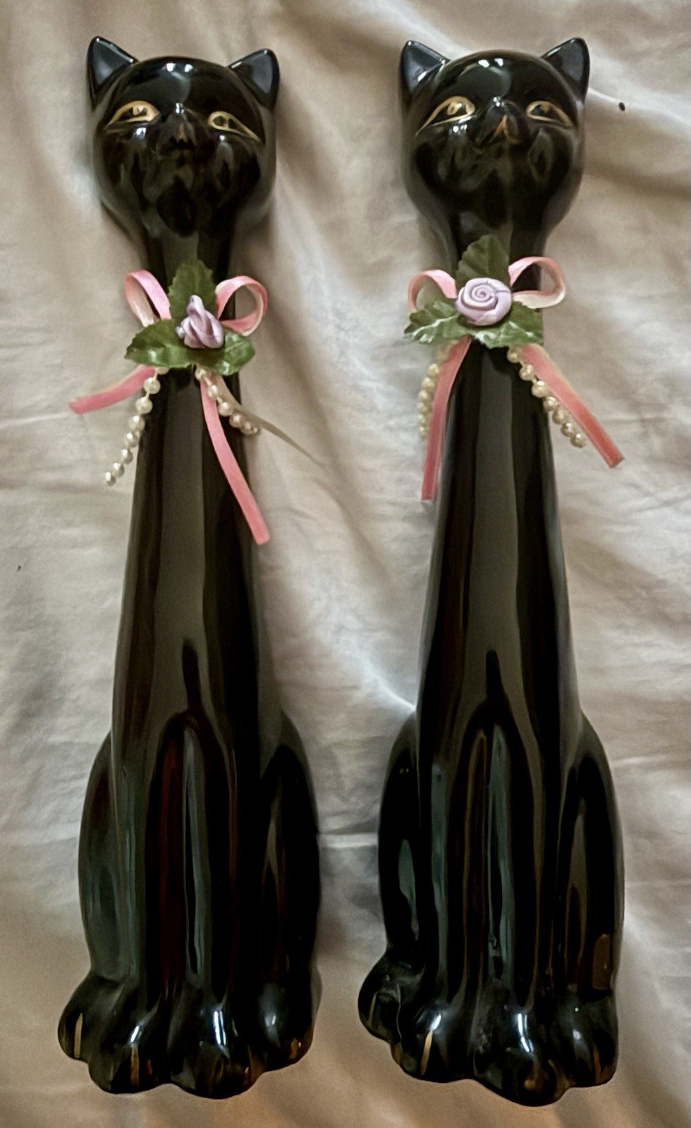 Vintage Pair 2 King BLACK CATS Ceramic Long Neck Bows MCM Siamese Cat Figurines Vintage Pair 2 King BLACK CATS Ceramic Long Neck Bows MCM Siamese Cat Figurines