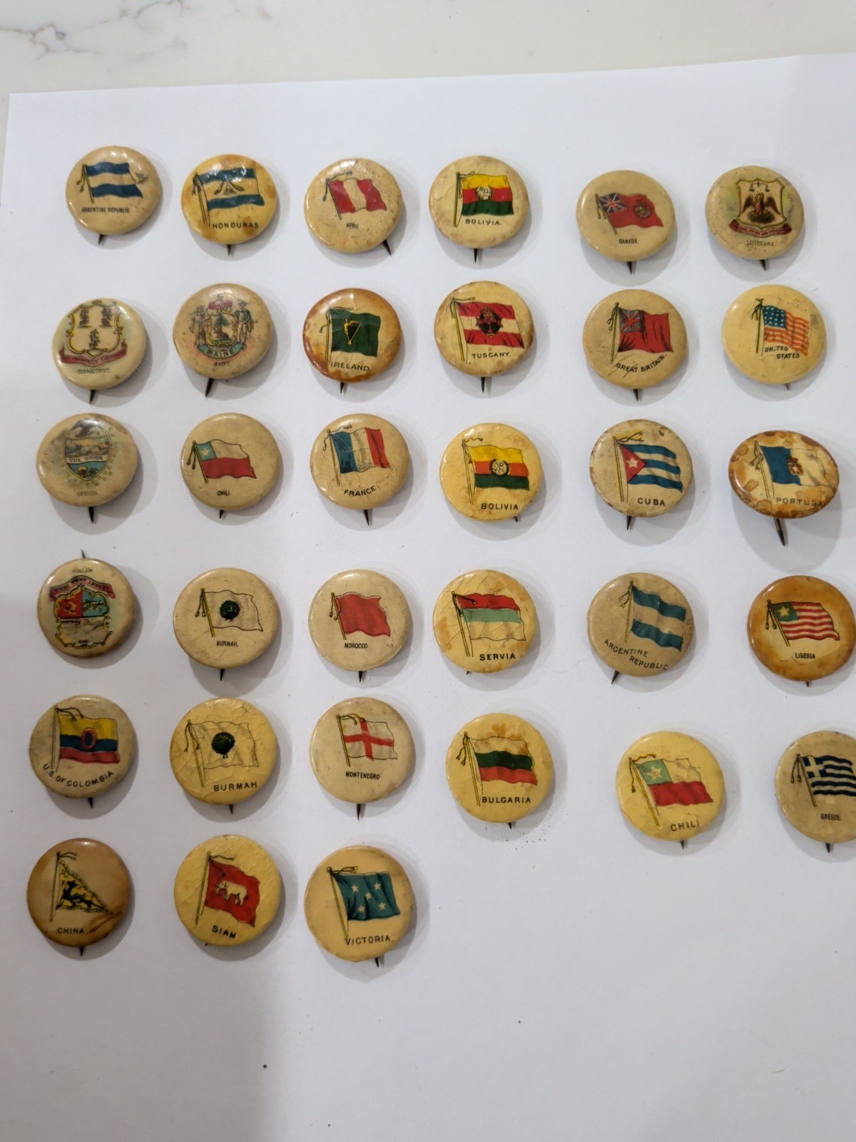 33 Vtg 1890s Sweet Caporal Tobacco Premium Flag Stickpins Lot Siam Servia 33 Vtg 1890s Sweet Caporal Tobacco Premium Flag Stickpins Lot Siam Servia