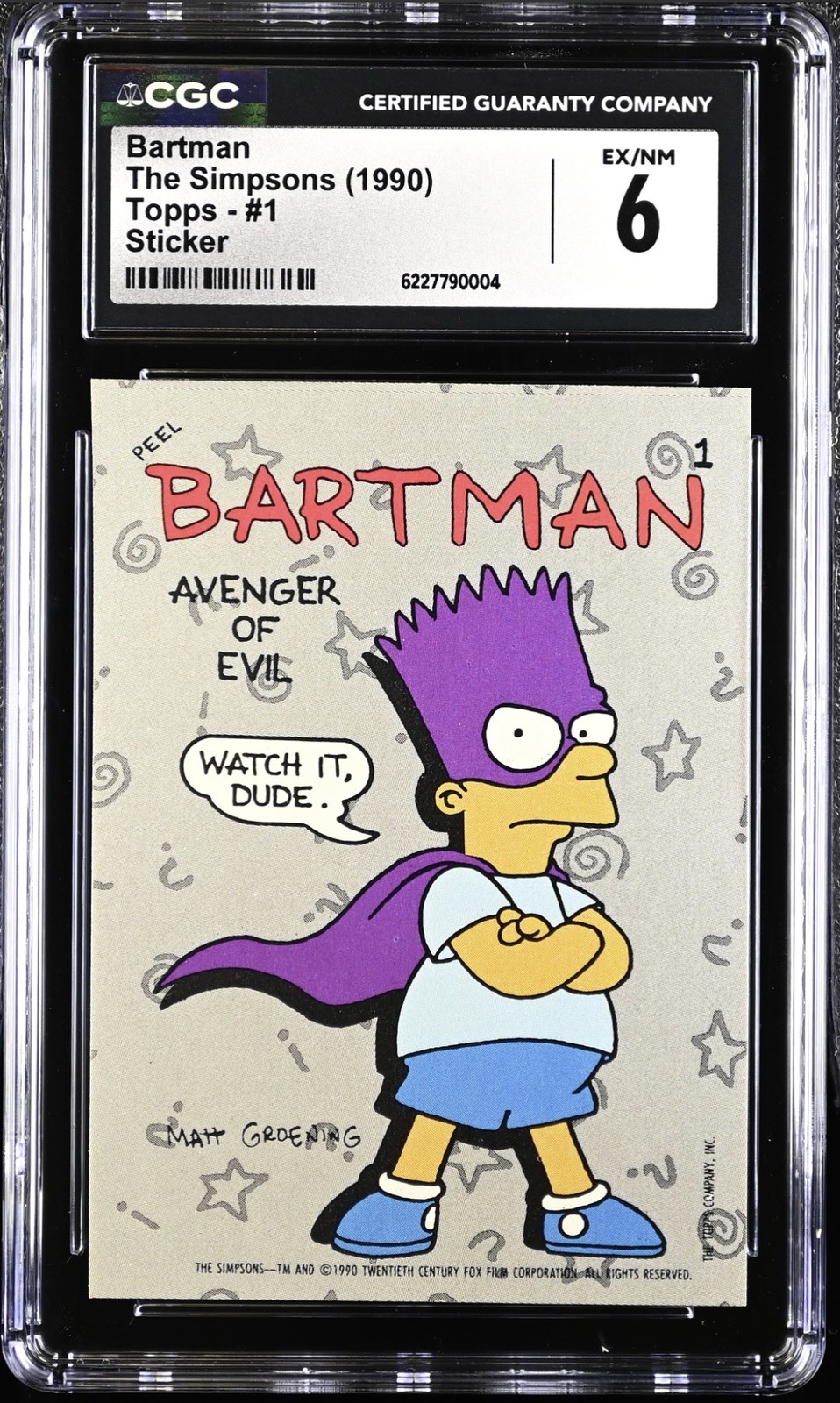 1990 TOPPS SIMPSONS STICKERS #1 BARTMAN CGC 6 Sharp, Great Color, Looks Nicer 1990 TOPPS SIMPSONS STICKERS #1 BARTMAN CGC 6 Sharp, Great Color, Looks Nicer