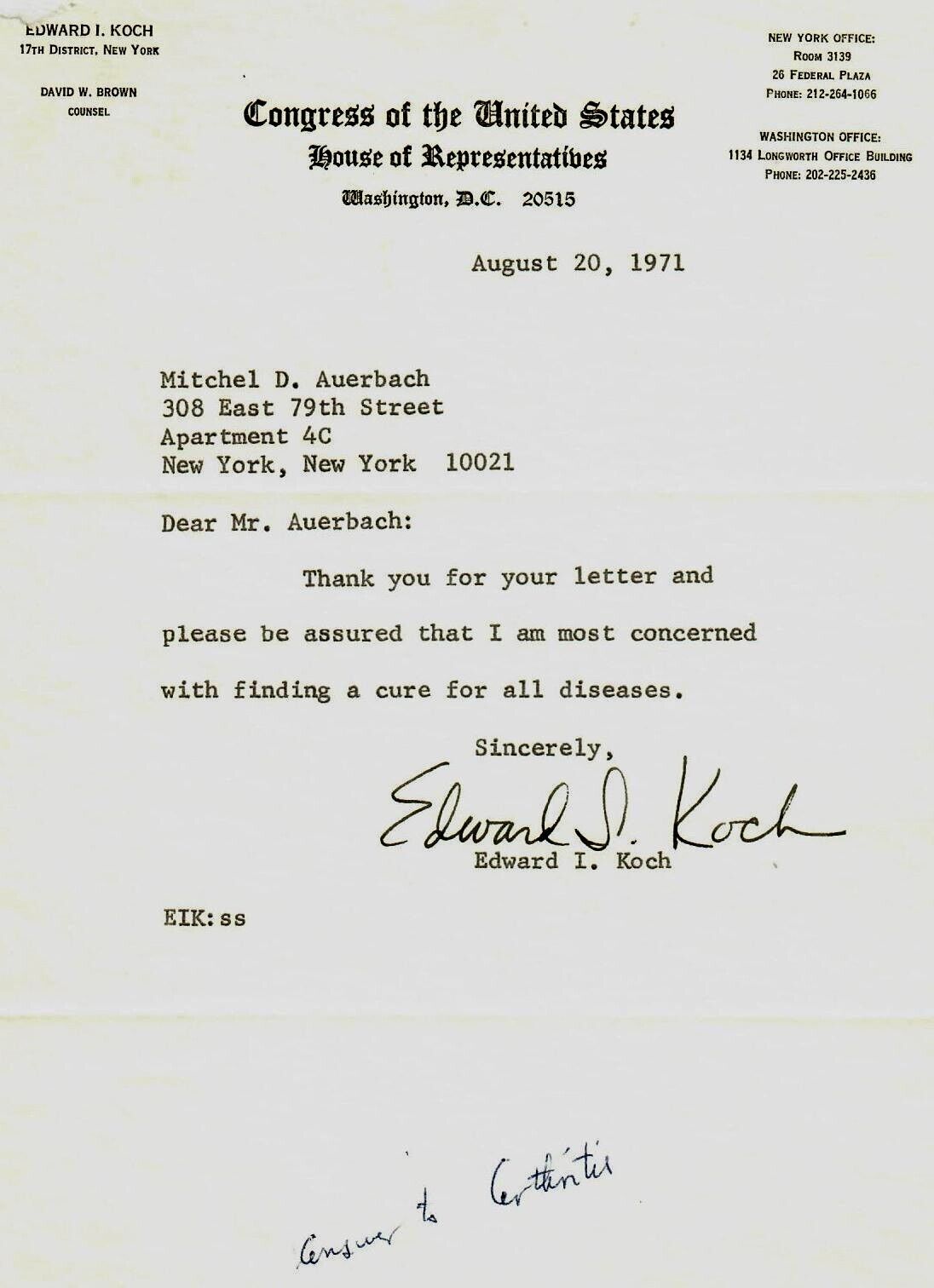 “New York Congressman” Ed Koch Hand Signed TLS Dated 1971