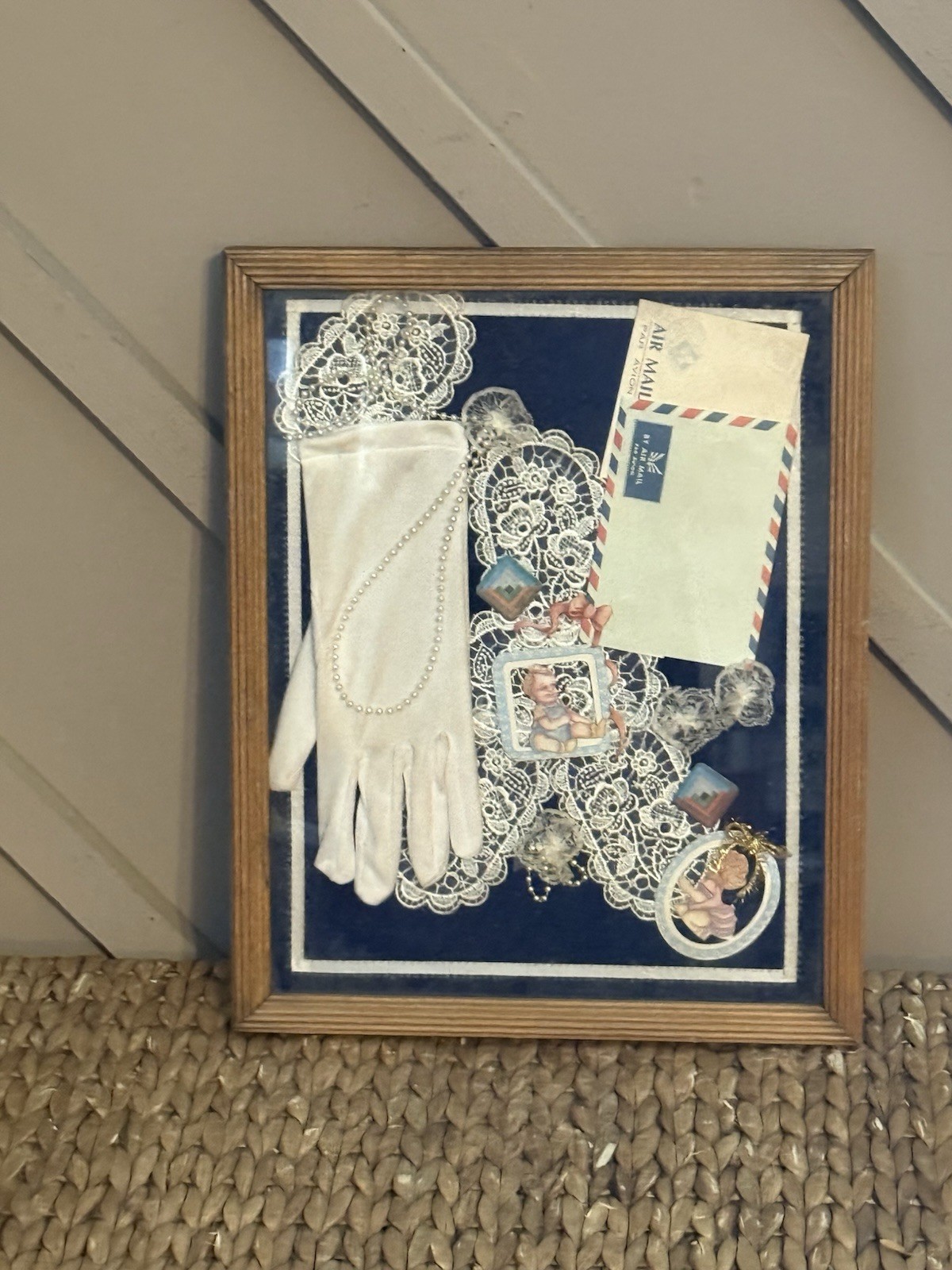 Vintage Victorian Style Shadow Box White Glove Lace Air Mail Ephemera 16x13 Vintage Victorian Style Shadow Box White Glove Lace Air Mail Ephemera 16x13