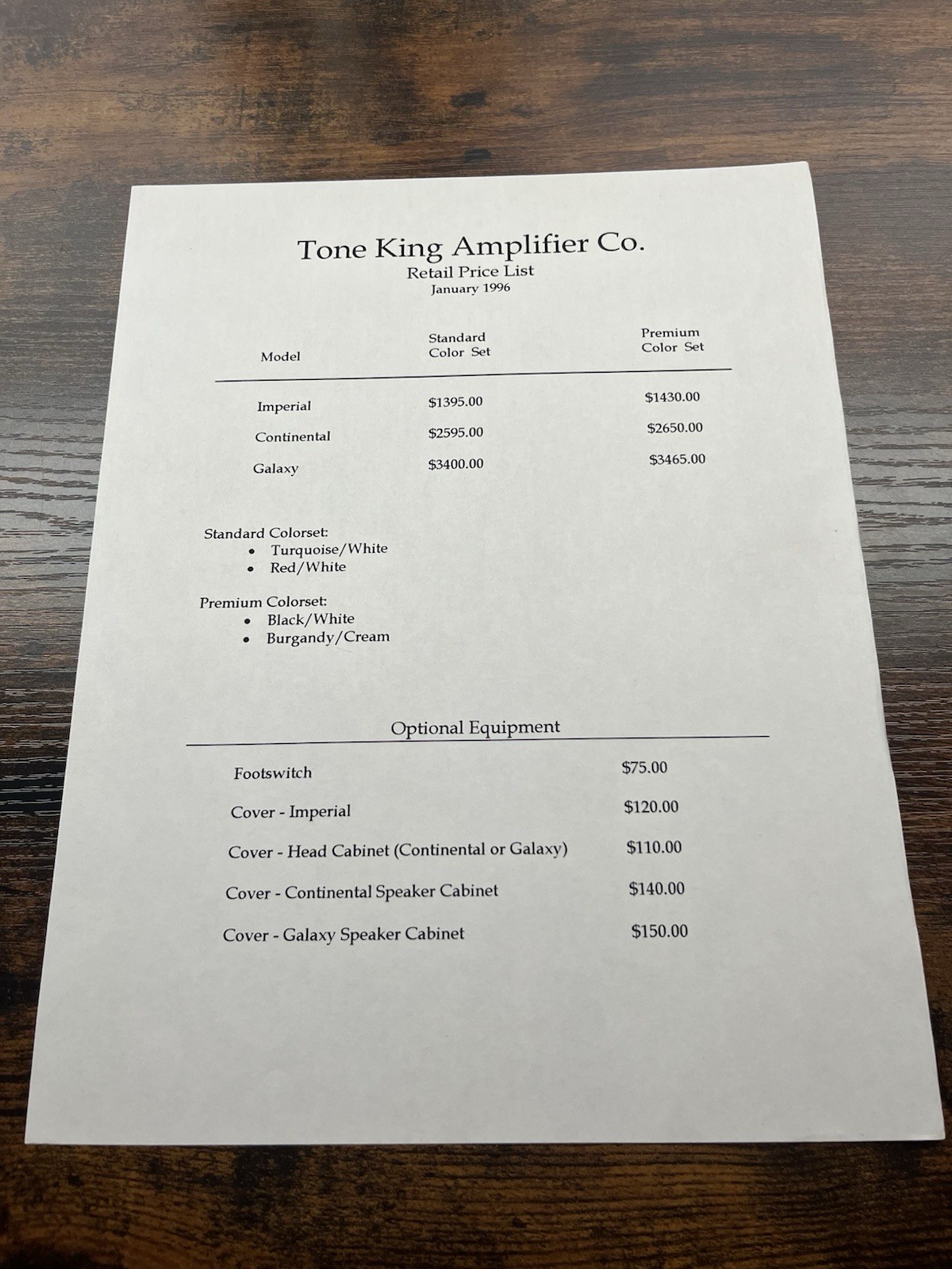 1996 Tone King Amplifier Company Retail Price List