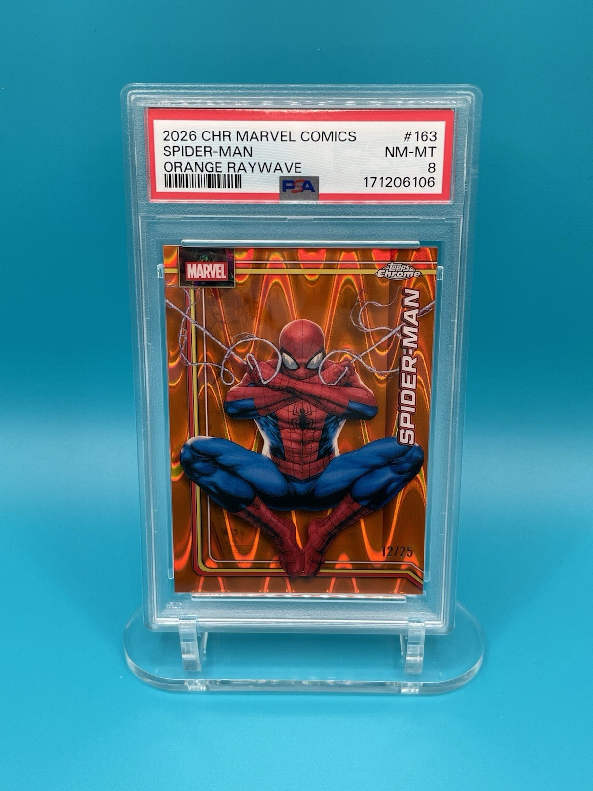 RARE POP 1 Spider-Man 12/25 Orange RayWave PSA 8 NM-MT 2026 Marvel Topps Chrome RARE POP 1 Spider-Man 12/25 Orange RayWave PSA 8 NM-MT 2026 Marvel Topps Chrome