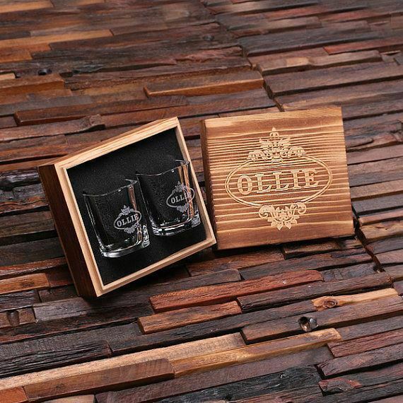 Personalized Engraved Set of 2 Shot Glasses w/ Wooden Gift Box for Men Groomsmen
