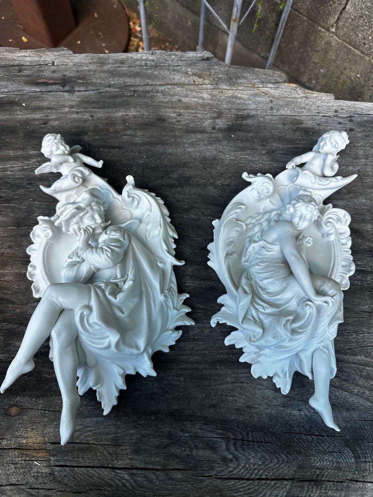 Set of 2 Antique Bisque Porcelain Wall Hanging Plaque Art Deco Set of 2 Antique Bisque Porcelain Wall Hanging Plaque Art Deco