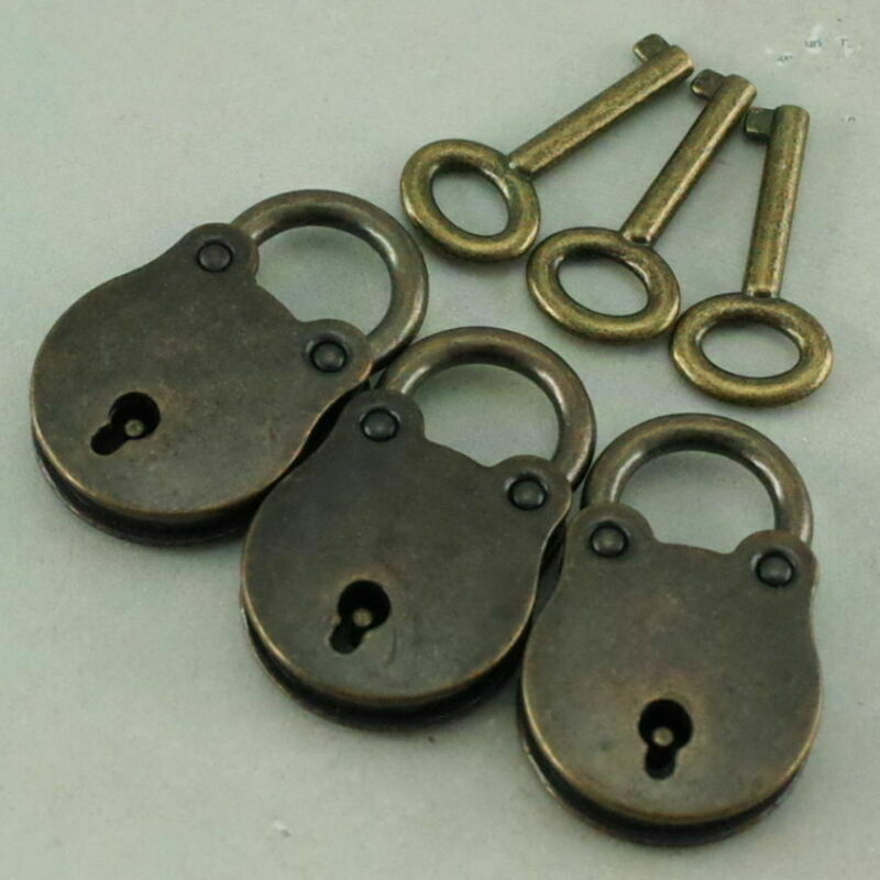 3 Set of Antique Padlock Lock and Key Old Vintage Style Metal With Bronze Finish