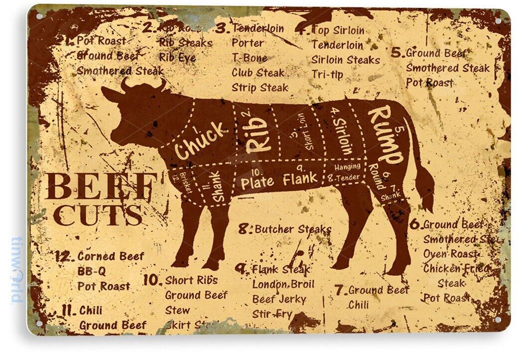 TIN SIGN Beef Cuts Metal Décor Wall Shop Farm Cow Kitchen Store A979