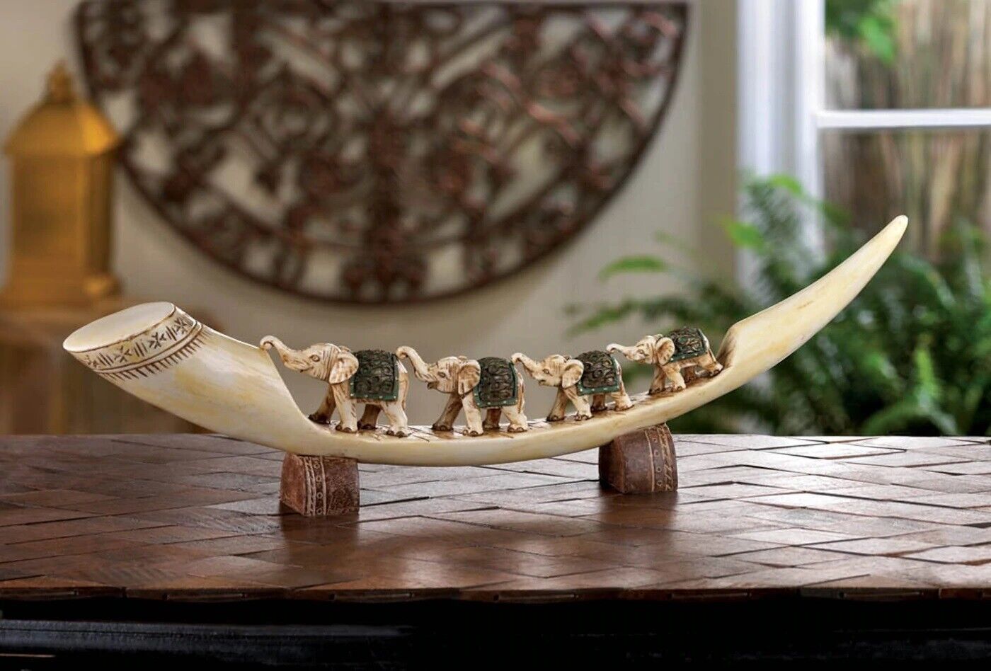Green Carved Asian African Resin Elephant Tusk Tabletop Wild Statue Sculpture