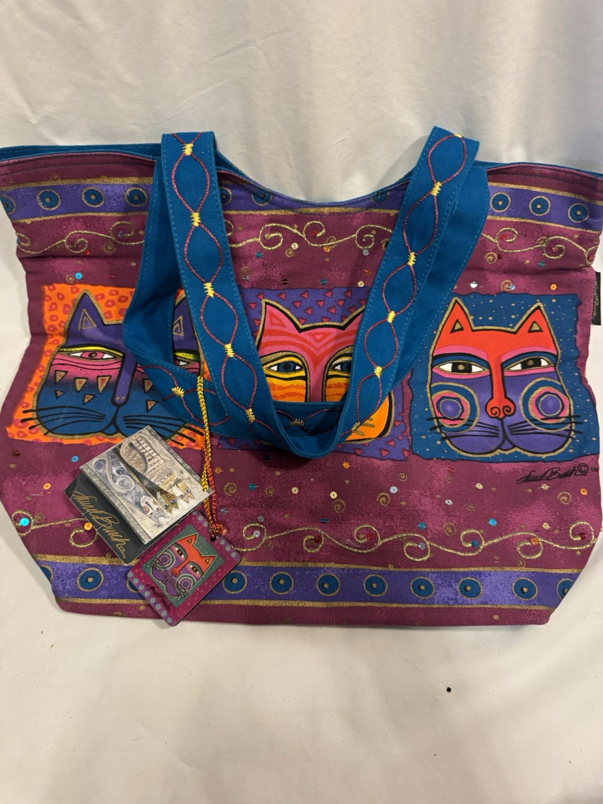 Laurel Burch Cat Print Tote Bag Multicolor Cat Faces Blue Handles Zipper Top