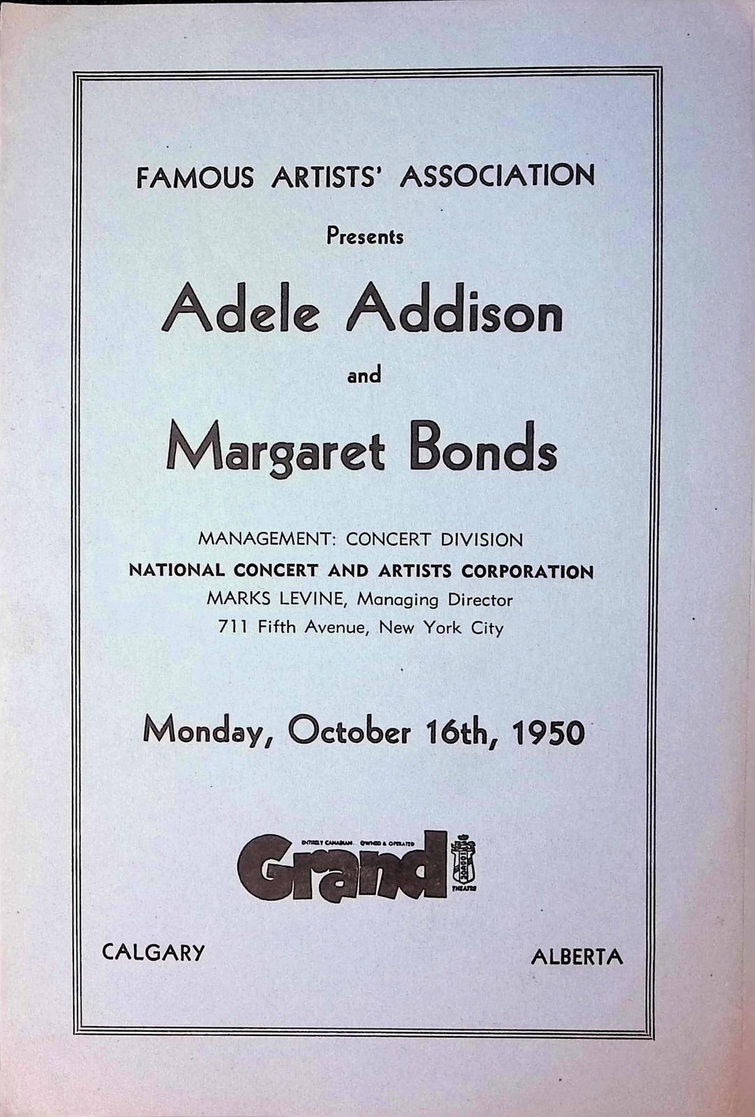 1950 Adele Addison Margaret Bonds Recital Program Grand Theatre Calgary