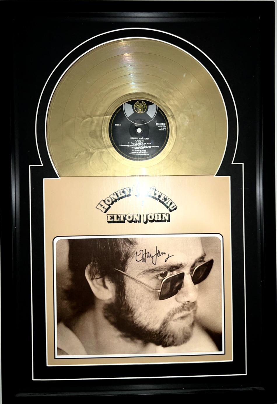Elton John Autographed Album Honky Chateau (Gold Vinyl)  Framed.