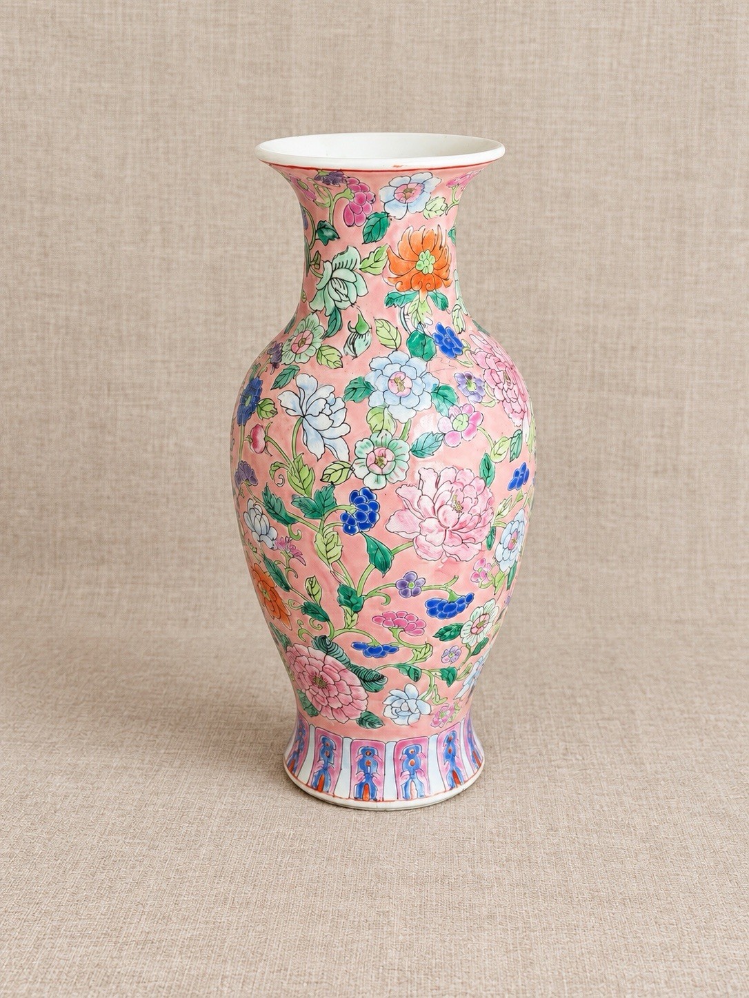 Vintage Chinese Famille Rose Millefleurs Pink Porcelain Vase 12” Floral Export Vintage Chinese Famille Rose Millefleurs Pink Porcelain Vase 12” Floral Export