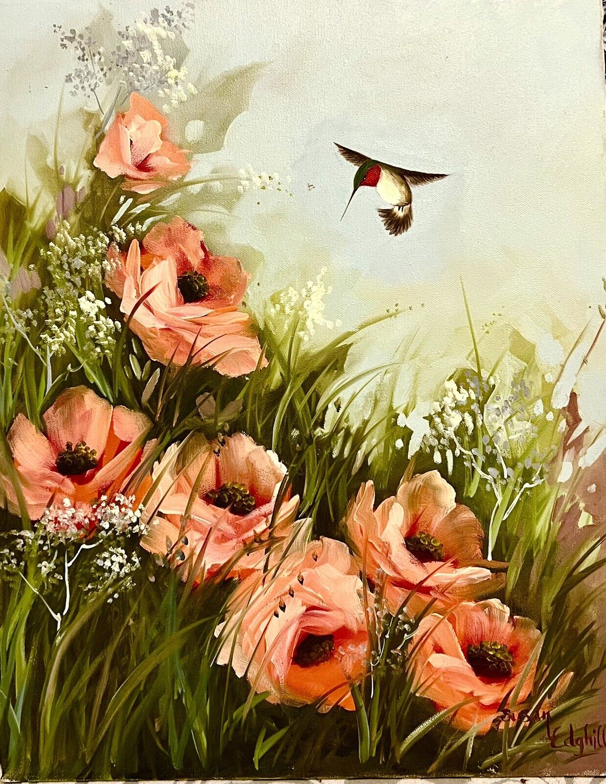 Vtge Original Oil Painting Canvas Poppies Flowers Humming Bird Impressionist Art