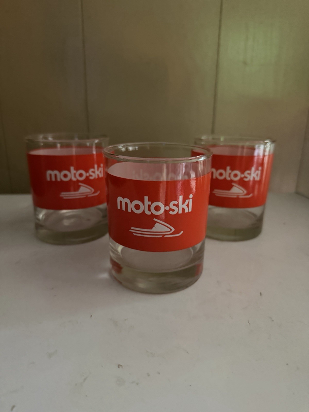 SET OF (3) VINTAGE 1970'S MOTO-SKI SNOWMOBILE DRINKING GLASSES/TUMBLERS