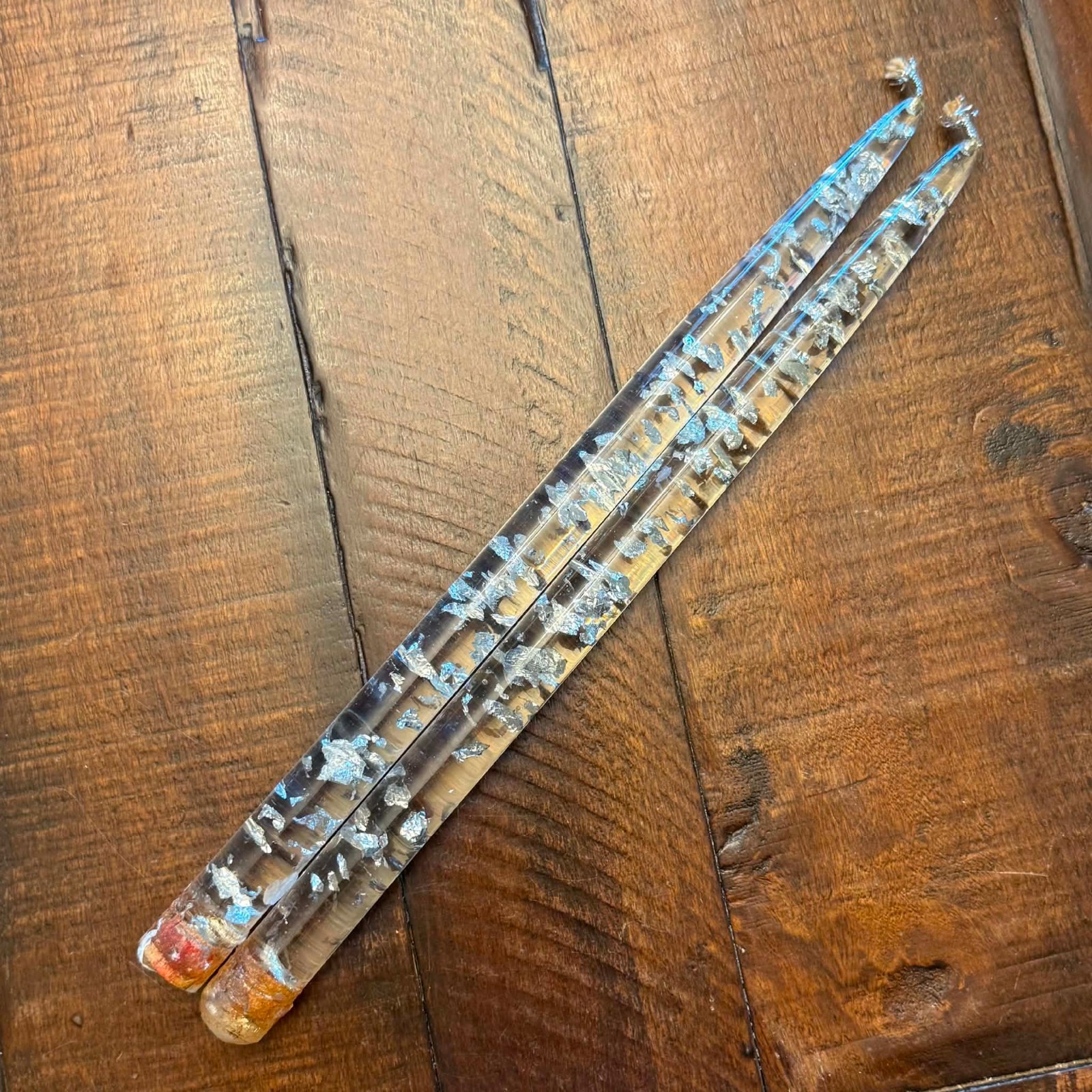Lucite Acrylic Clear Silver Flake 12” Taper Candle Pair MCM VTG Set of 2 Candles Lucite Acrylic Clear Silver Flake 12” Taper Candle Pair MCM VTG Set of 2 Candles