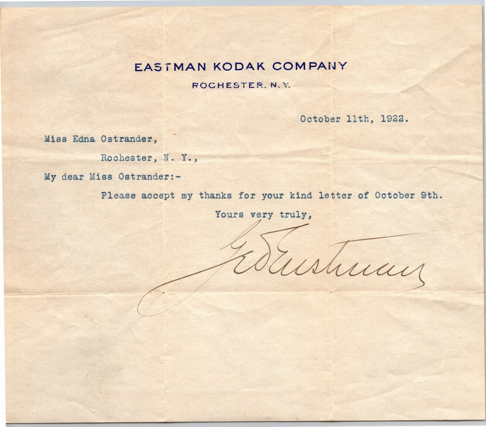 George Eastman Signed Kodak Rochester, NY Typed Letterhead 1922