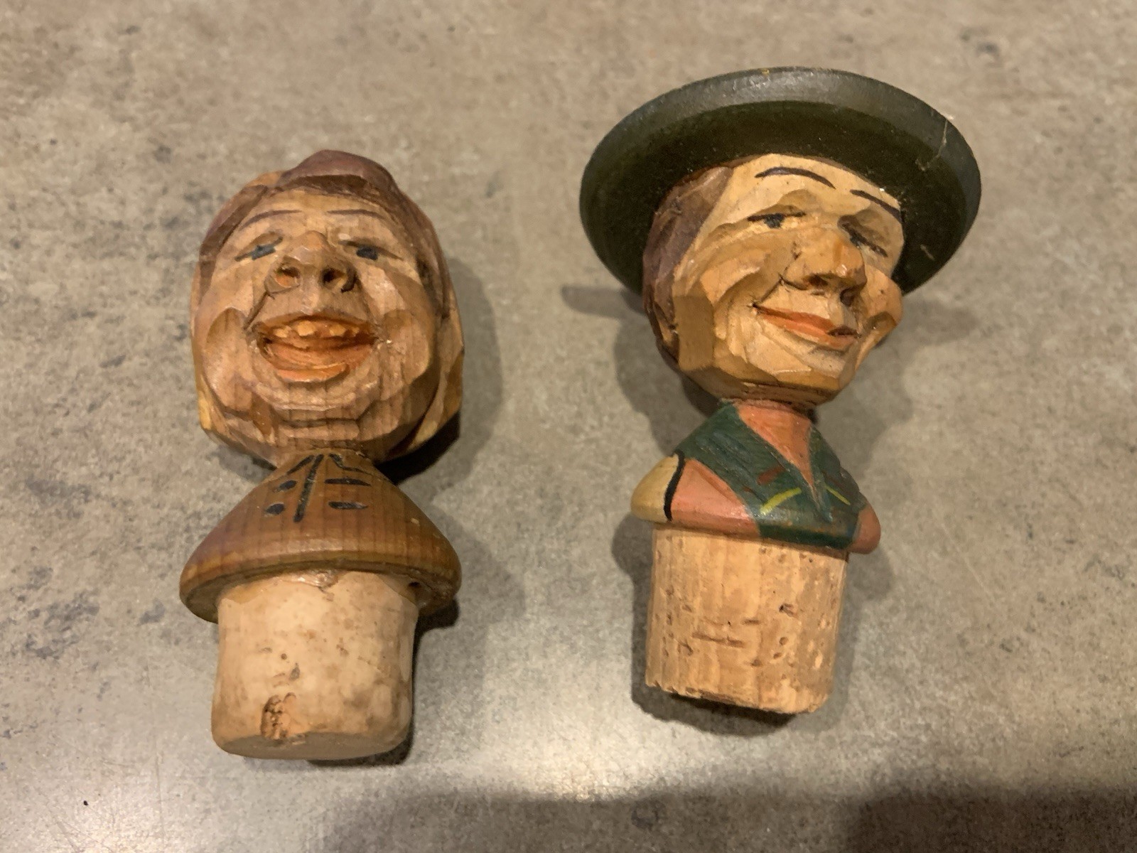 Vtg ANRI Hand Carved Wooden Bottle Stoppers Man and Woman Italy
