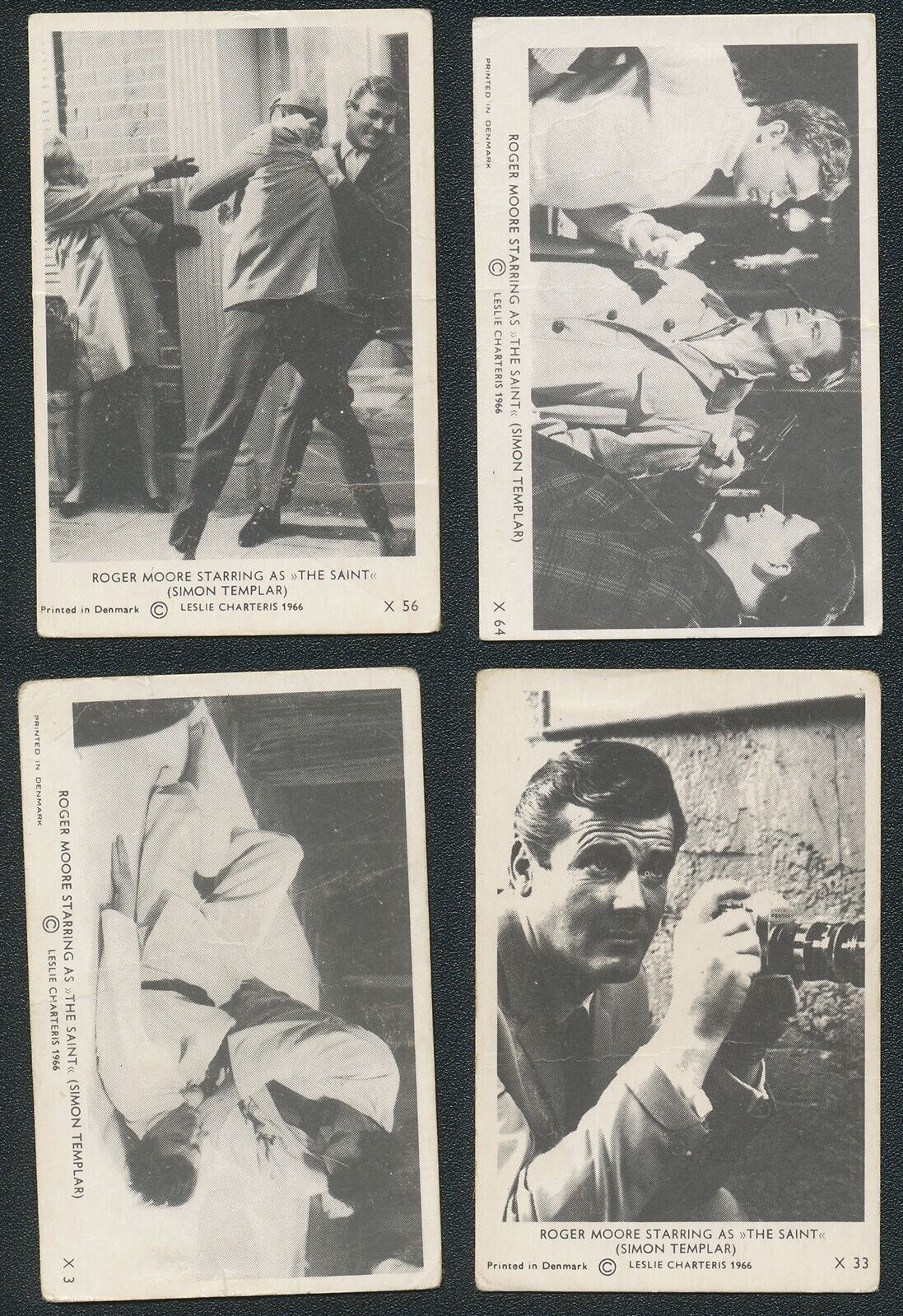 (4) 1966 THE SAINT ROGER MOORE SOMPORTEX CARDS #4 34 56 65 Printed in Denmark Q