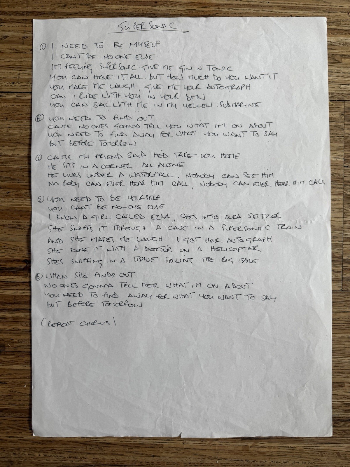 Noel Gallagher (Oasis) - Original Handwritten Lyrics for ‘Supersonic’ - Large Noel Gallagher (Oasis) - Original Handwritten Lyrics for ‘Supersonic’ - Large