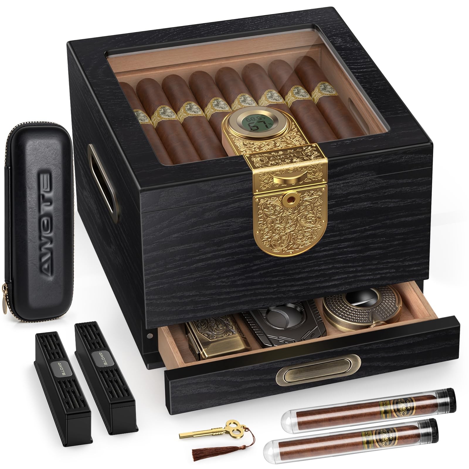 AWOTE Cedar Wood Humidor Cigar Box, Digital Hygrometer & Accessory Drawer AWOTE Cedar Wood Humidor Cigar Box, Digital Hygrometer & Accessory Drawer