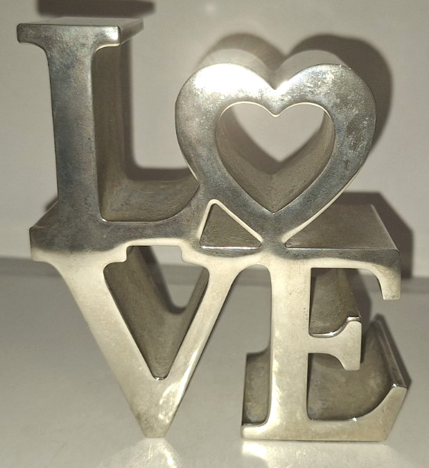 VTG MCM ROBERT INDIANA STYLE Love "O" Heart CHROME PAPERWEIGHT ART SCULPTURE