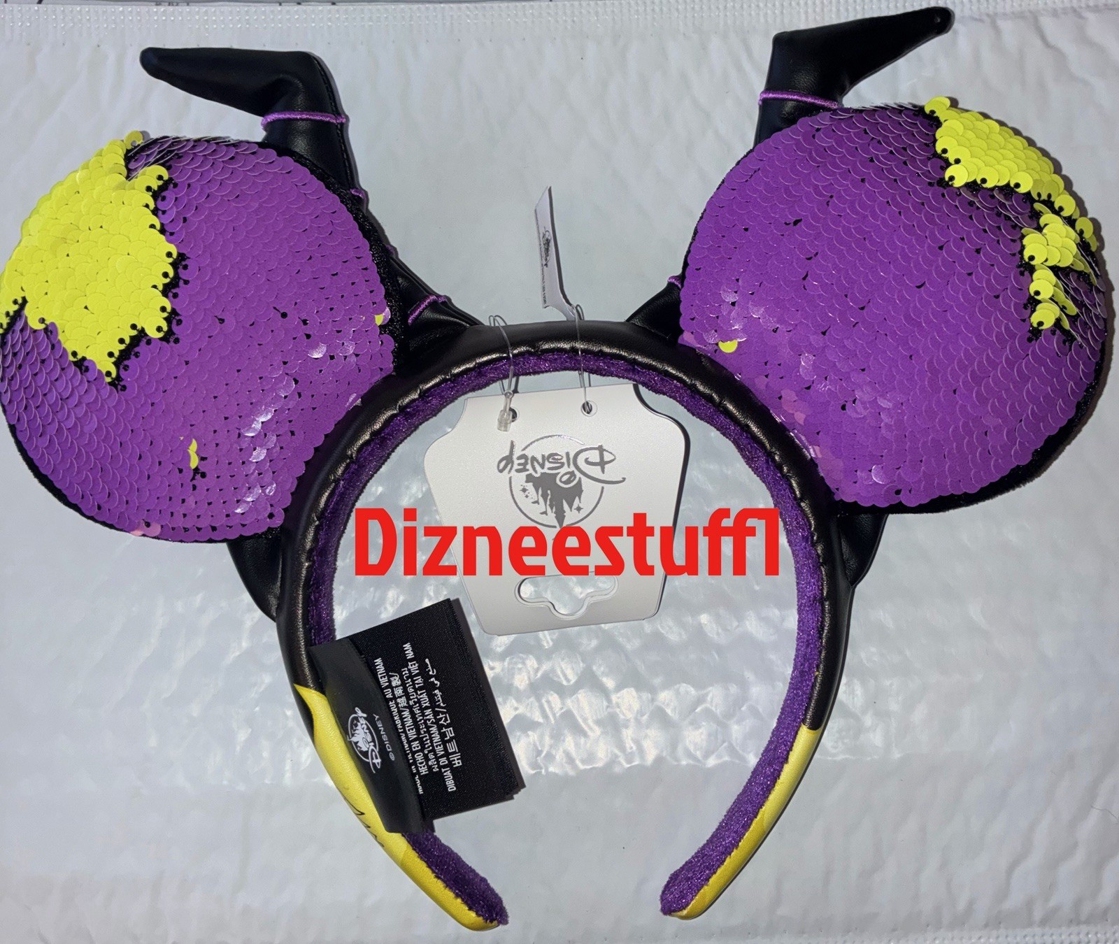 2026 Disney Parks Maleficent Purple Black Sequin Ear Ears Bow Headband New 2026 Disney Parks Maleficent Purple Black Sequin Ear Ears Bow Headband New