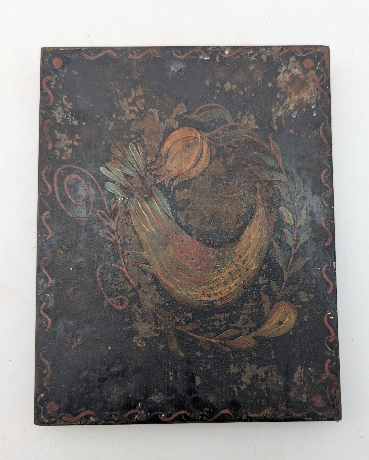 Antique 19th C American Toleware Tin Box Hand Painted Folk Art Bird 5.75" Antique 19th C American Toleware Tin Box Hand Painted Folk Art Bird 5.75"