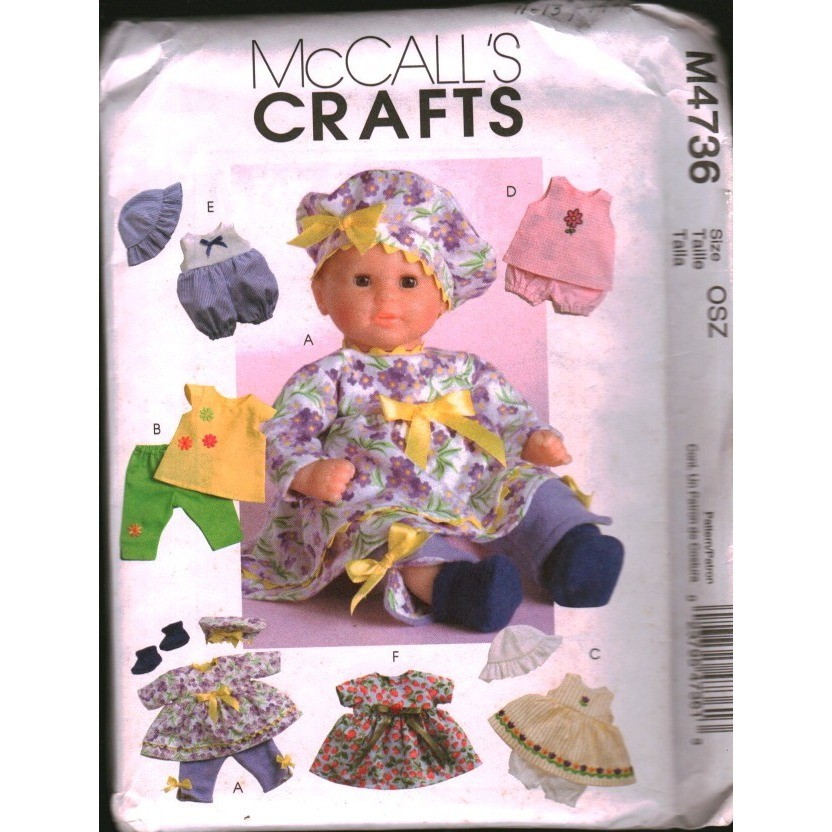 McCalls Crafts M4736 Baby Doll Clothes Sewing Pattern Dress Top Pants Hat OSZ McCalls Crafts M4736 Baby Doll Clothes Sewing Pattern Dress Top Pants Hat OSZ