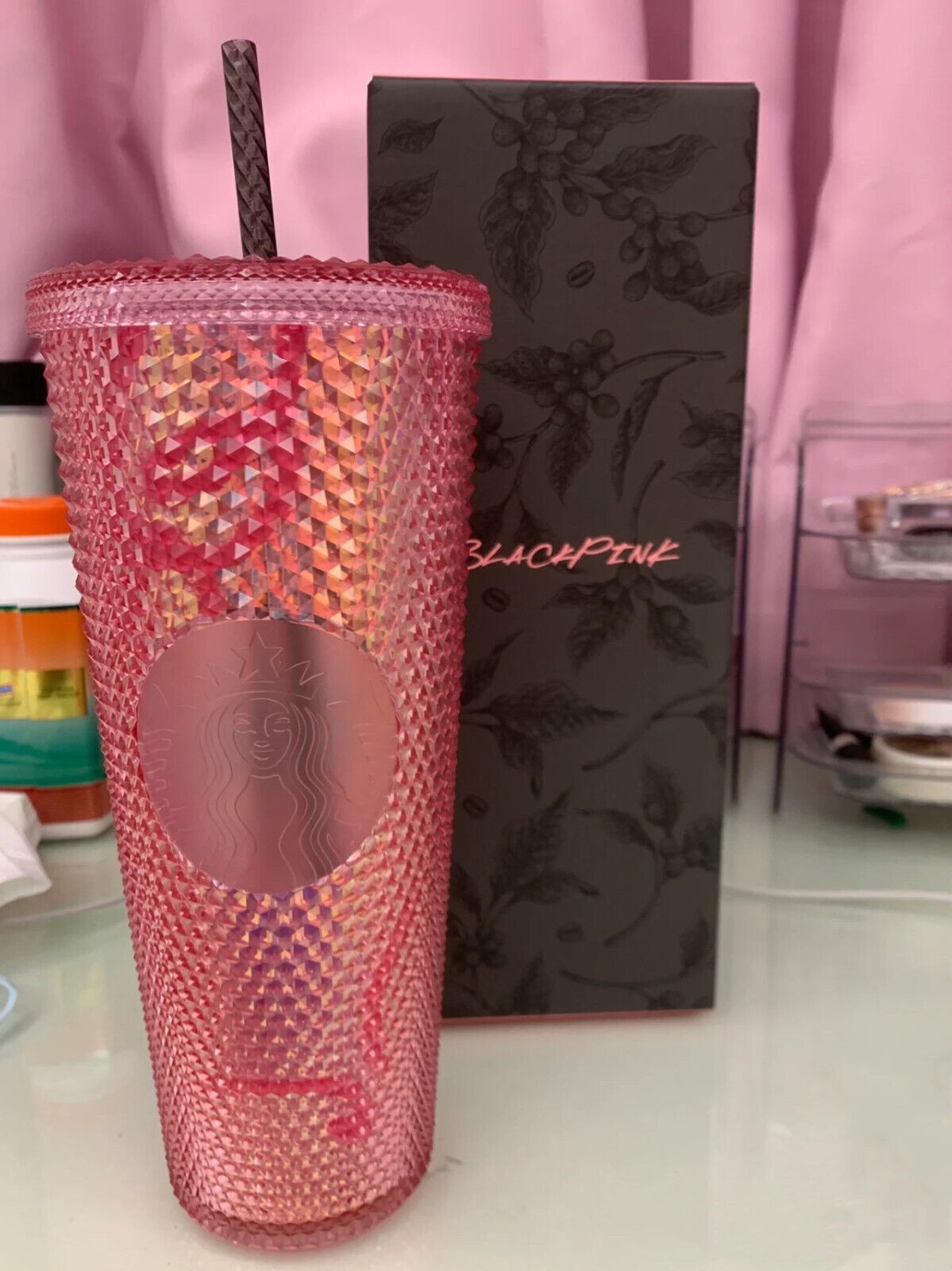New Starbucks Studded Cold Drink Cup Black & Pink with Box 24oz Rhinestone Mug
