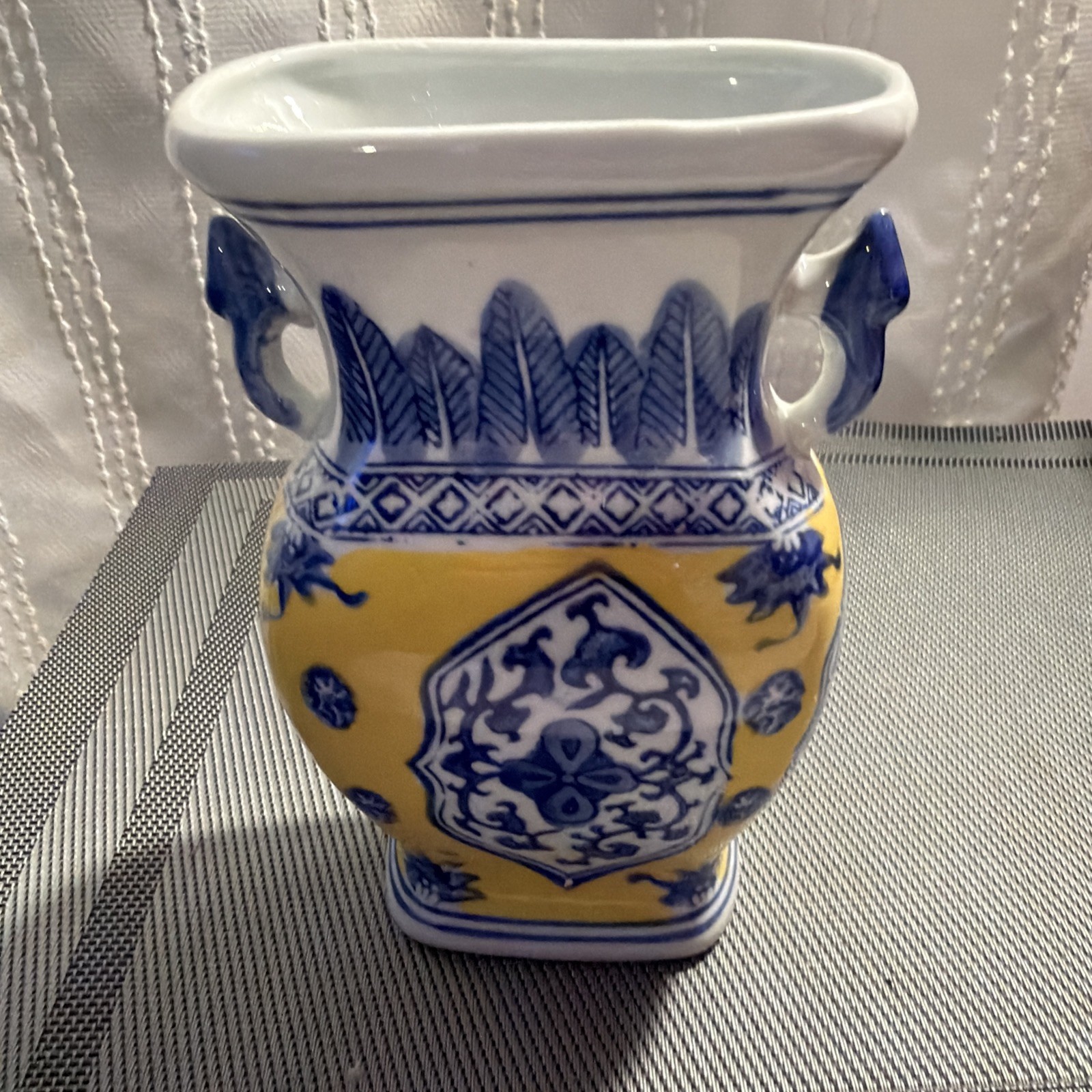 Vintage Chinese Vase Yellow /Blue Oriental Asian 6.5” Double Handled , stamped Vintage Chinese Vase Yellow /Blue Oriental Asian 6.5” Double Handled , stamped