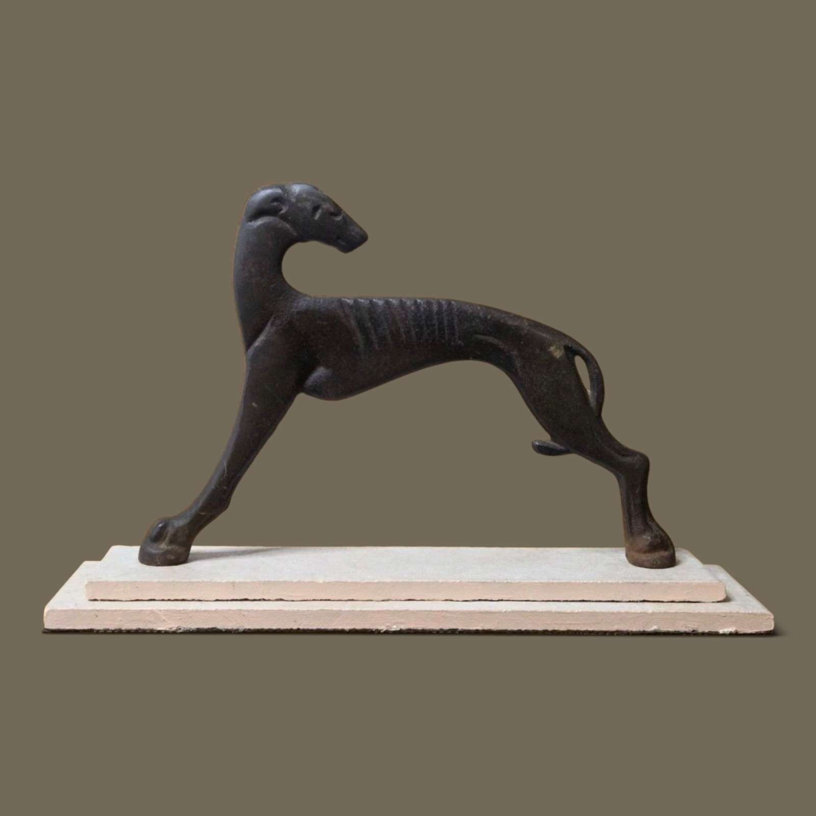 Antique Art Deco Greyhound Whippet Cast Metal Sculpture on Base 9.5in Streamline