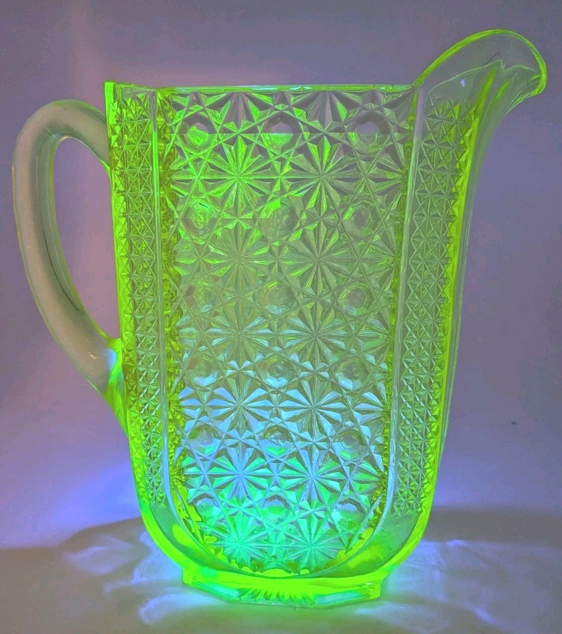 Antique ~1880s Vaseline Glass Water Pitcher Princess Fine Cut EAPG GLOWS 9" WOW Antique ~1880s Vaseline Glass Water Pitcher Princess Fine Cut EAPG GLOWS 9" WOW